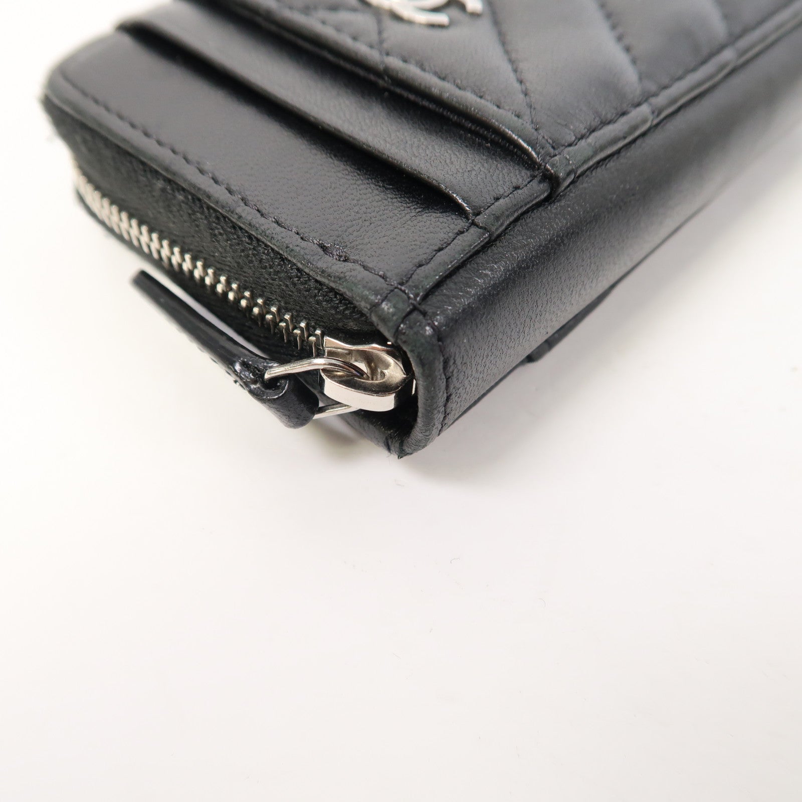 CHANEL 【激減優惠】斜紋羊皮皮革Card Case卡銀扣片套黑色