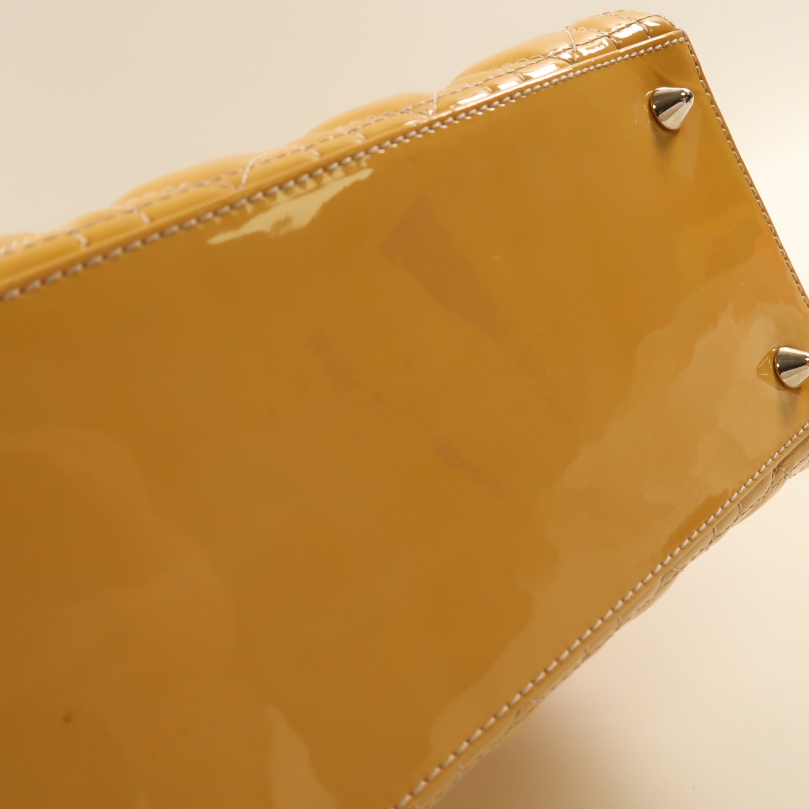 Dior 漆皮皮革Lady Dior Hand Bag銀扣手挽肩背兩用袋黃色
