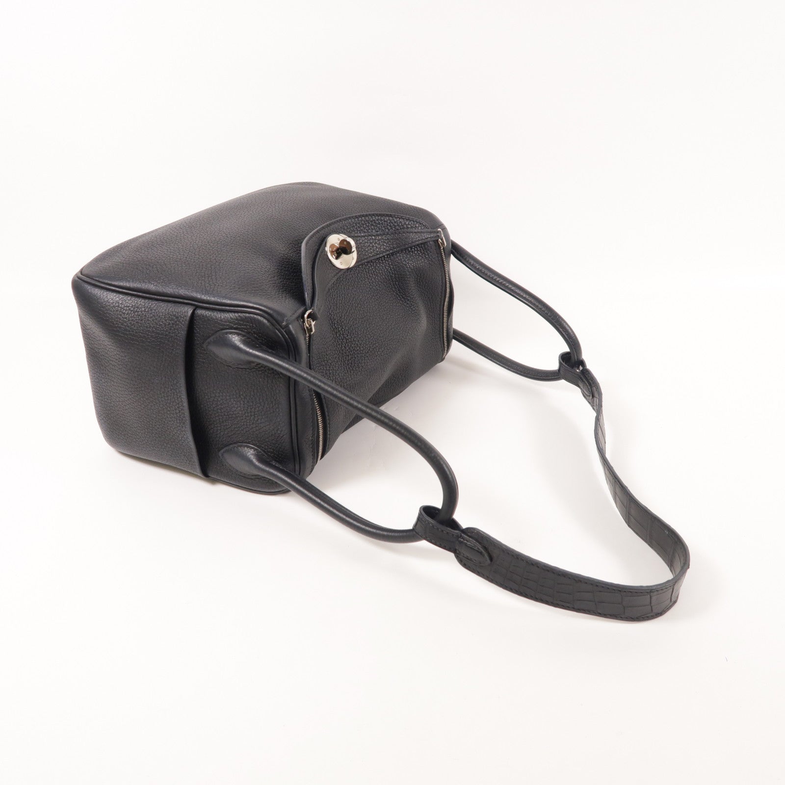 HERMES Clemence皮革/鱷魚皮革Lindy 26 Touch銀扣手挽肩背兩用袋