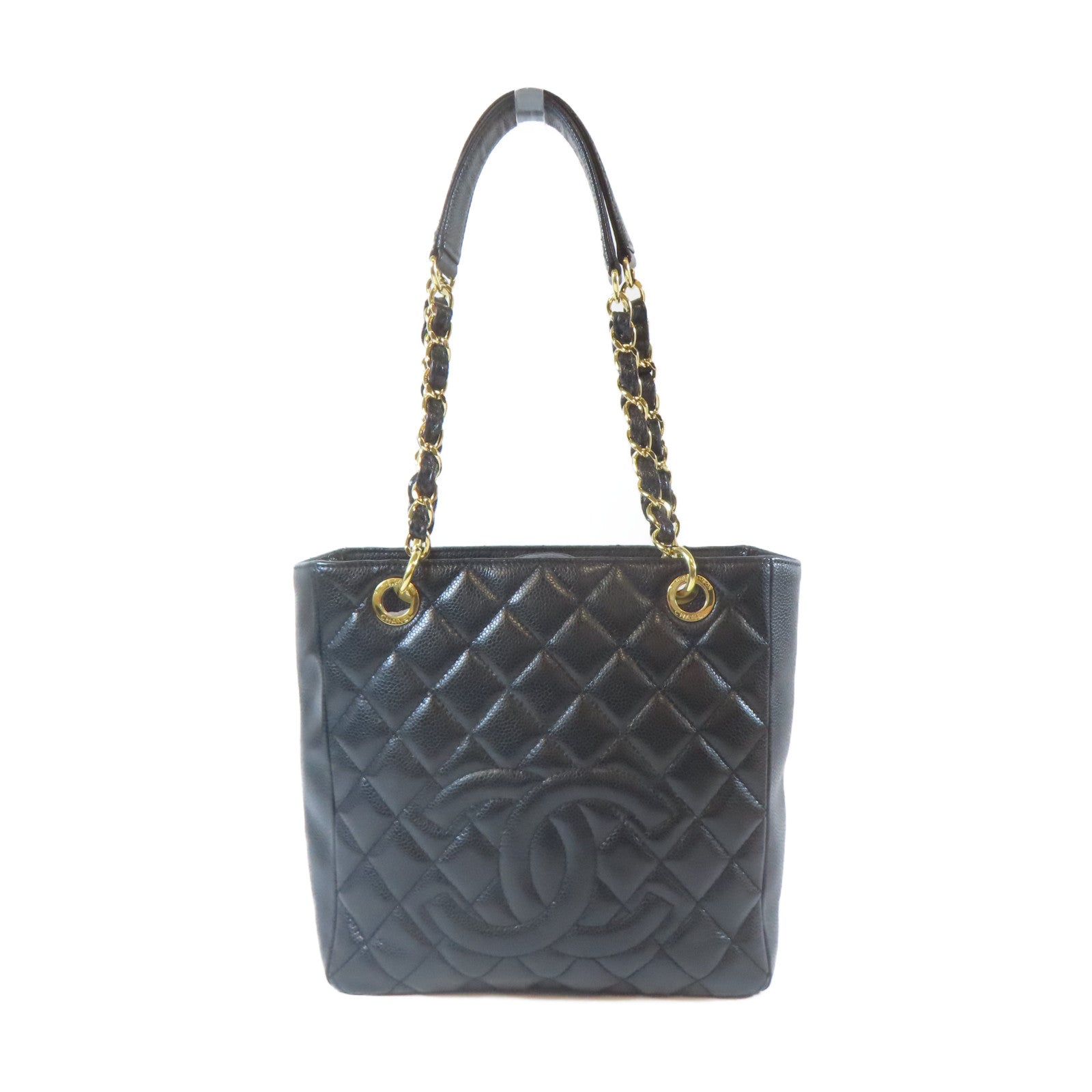 CHANEL 菱格Caviar皮革Shoulder Bag金扣鏈帶肩背袋黑色