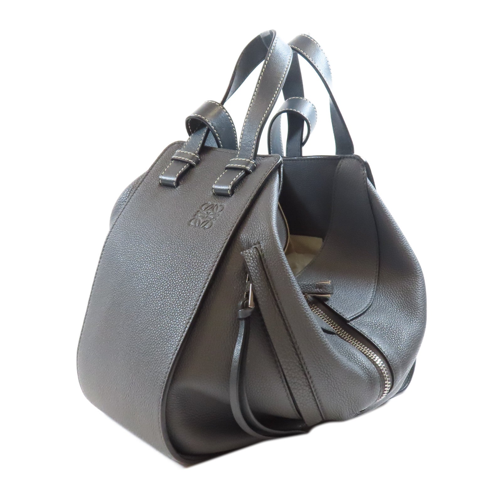 LOEWE 牛皮皮革Hammock銀扣手挽肩背兩用袋灰色