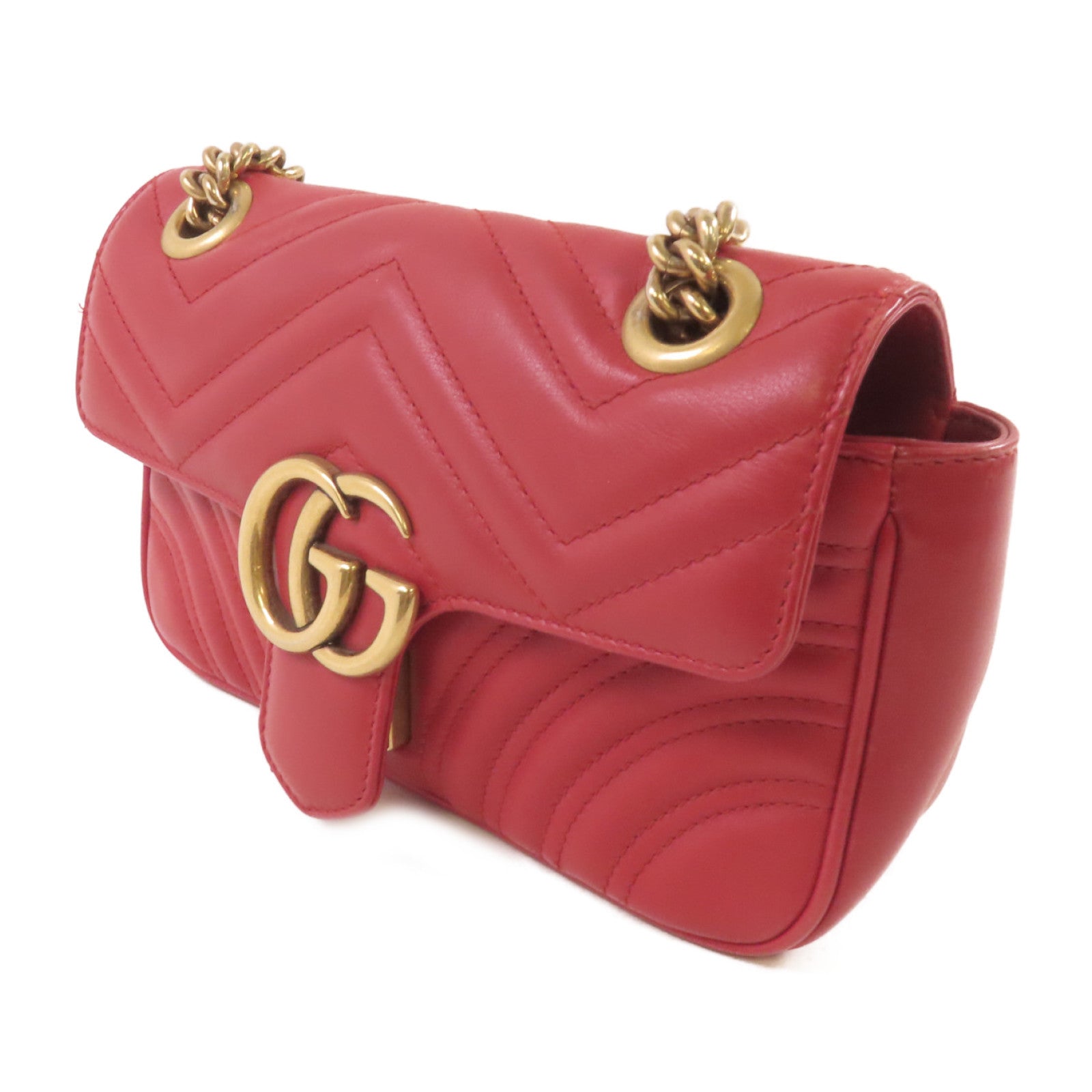 GUCCI 牛皮皮革GG Marmont Shoulder Bag金扣鏈帶肩背袋紅色