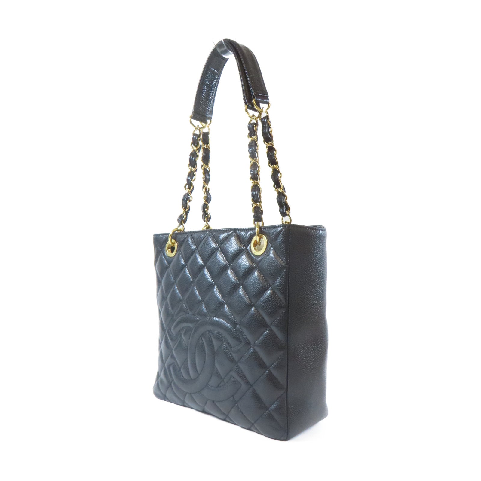 CHANEL 菱格Caviar皮革Shoulder Bag金扣鏈帶肩背袋黑色