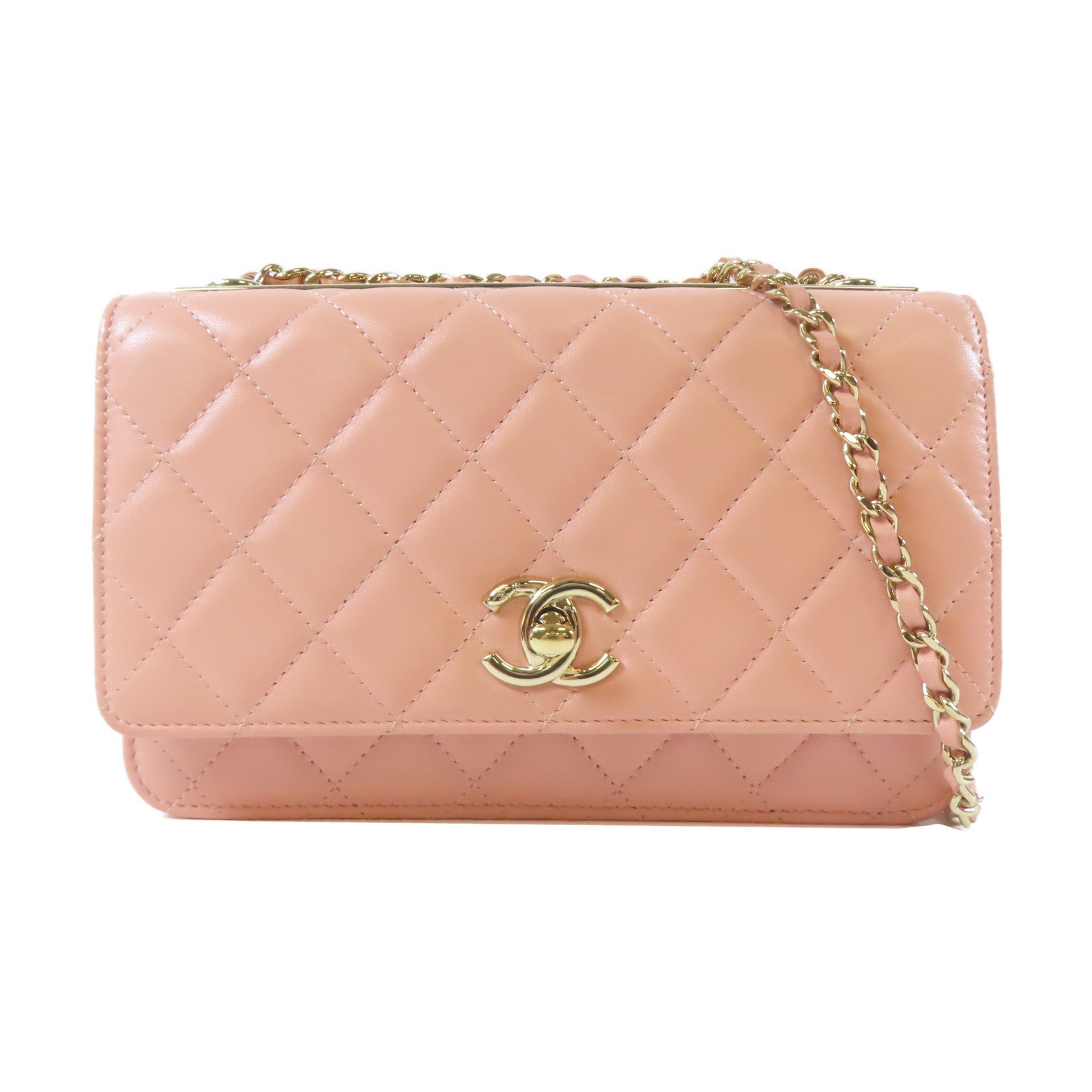 CHANEL 菱格羊皮皮革Chain Shoulder金扣鏈帶肩背袋粉紅色