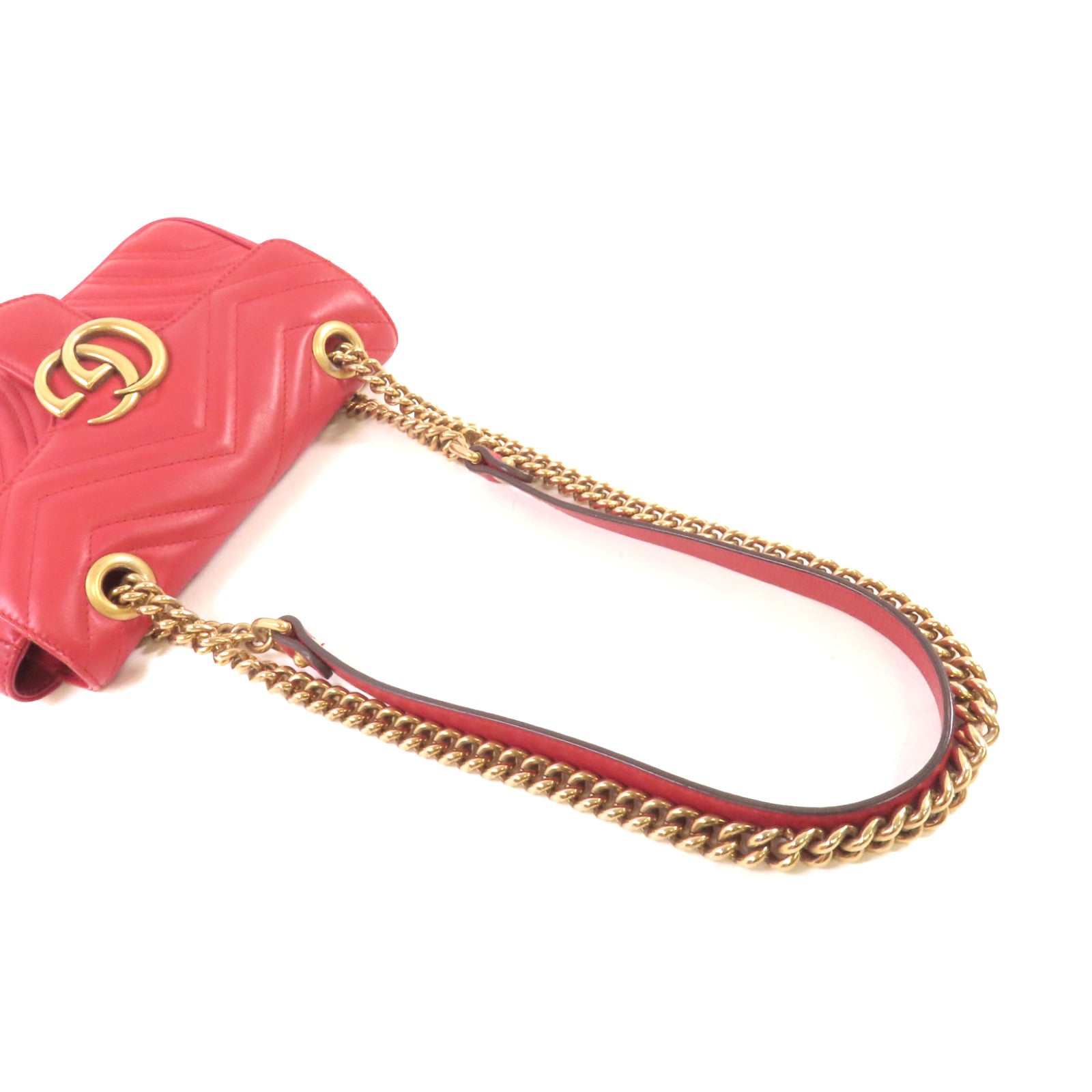 GUCCI 牛皮皮革GG Marmont Shoulder Bag金扣鏈帶肩背袋紅色