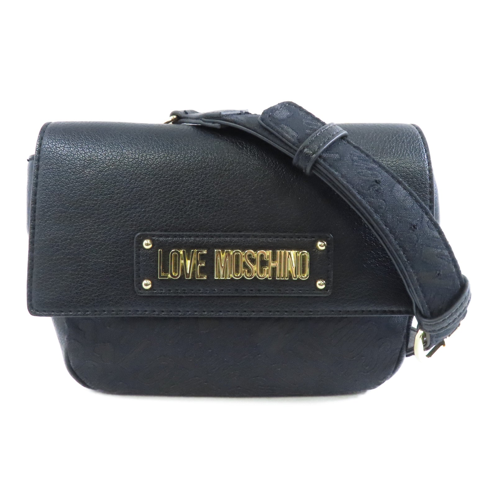 MOSCHINO 帆布/牛皮皮革Shoulder Bag金扣肩背袋黑色