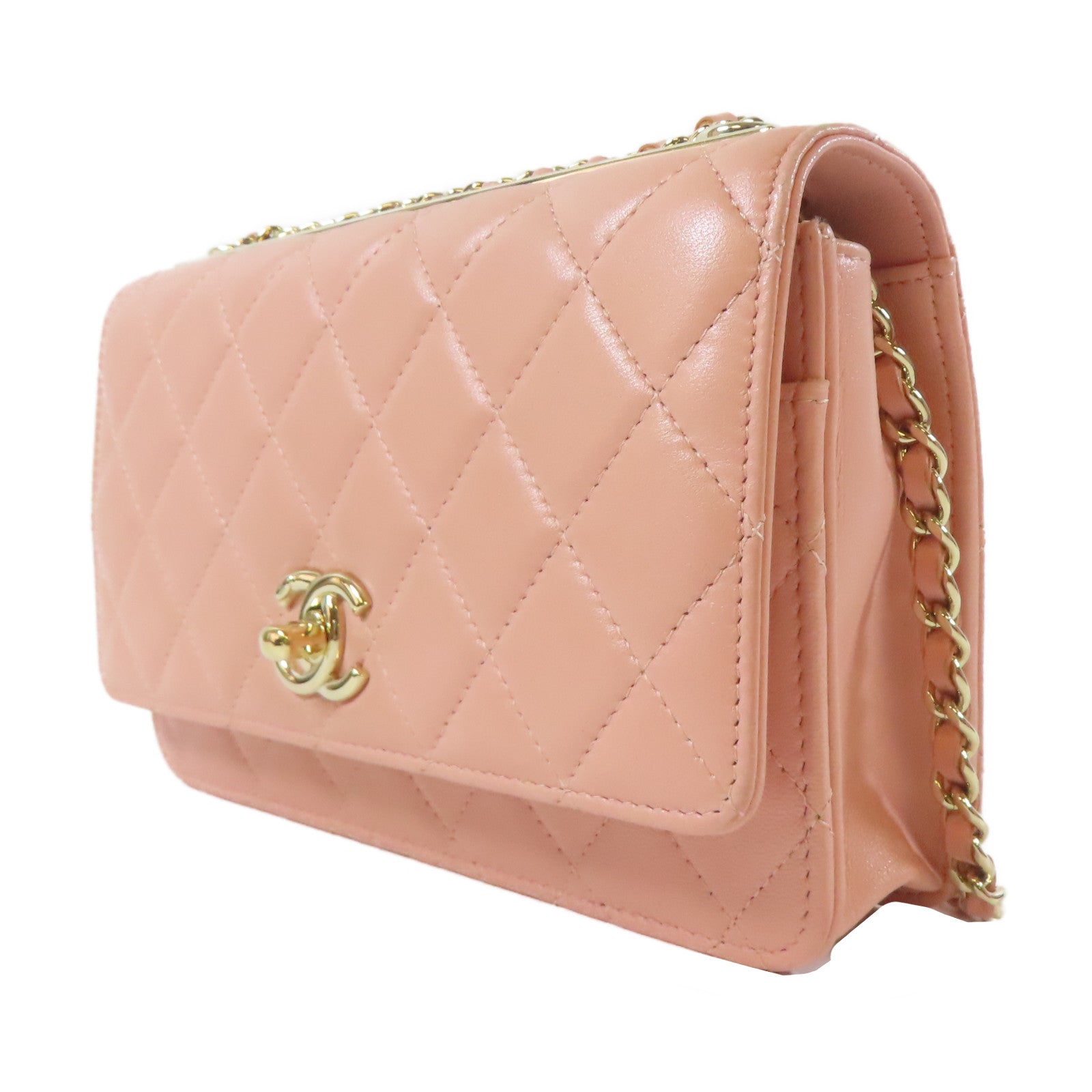 CHANEL 菱格羊皮皮革Chain Shoulder金扣鏈帶肩背袋粉紅色