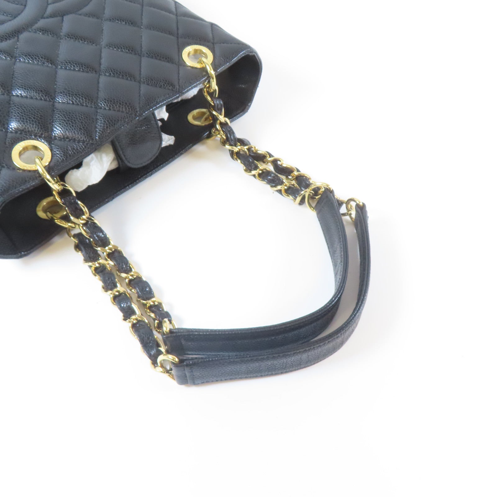 CHANEL 菱格Caviar皮革Shoulder Bag金扣鏈帶肩背袋黑色