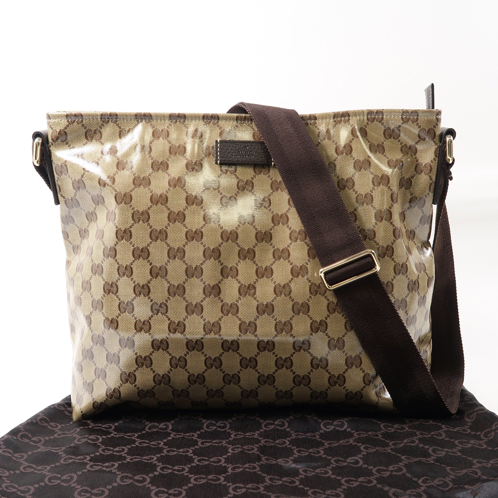 GUCCI 塗層帆布Shoulder Bag金扣肩背袋啡色