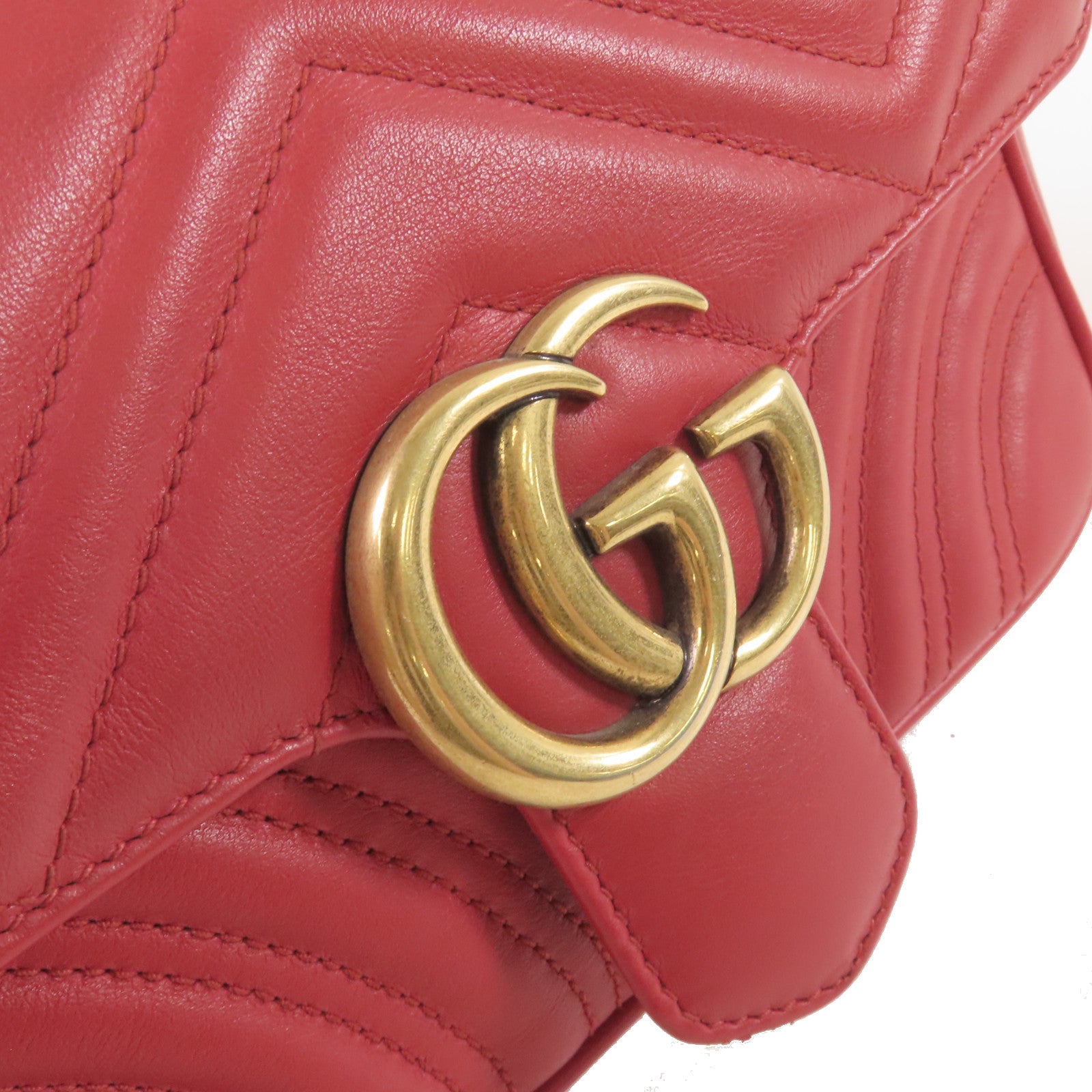 GUCCI 牛皮皮革GG Marmont Shoulder Bag金扣鏈帶肩背袋紅色