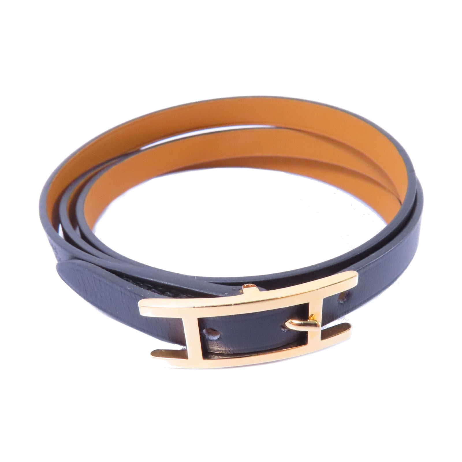 HERMES Swift皮革Behapi Double Tour Bracelet金扣手鏈黑色/啡色