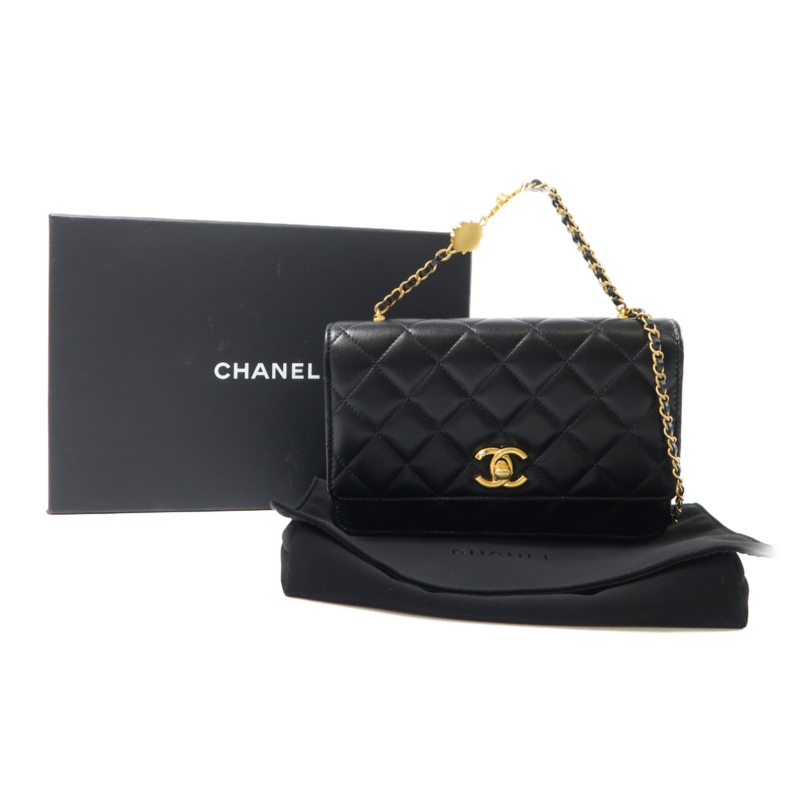 CHANEL 菱格羊皮皮革Wallet On Chain金扣鏈帶手挽肩背兩用袋黑色