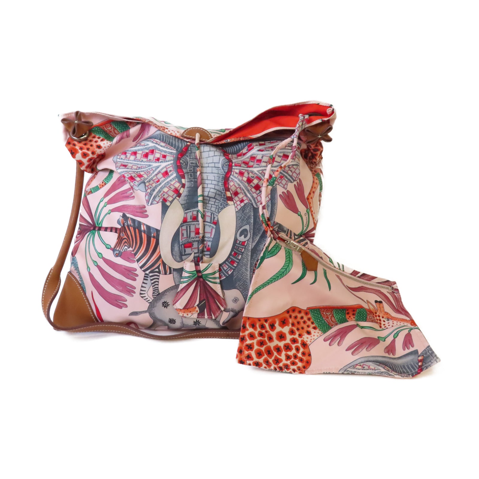 HERMES 絲質Silk City Bag銀扣肩背袋粉紅色