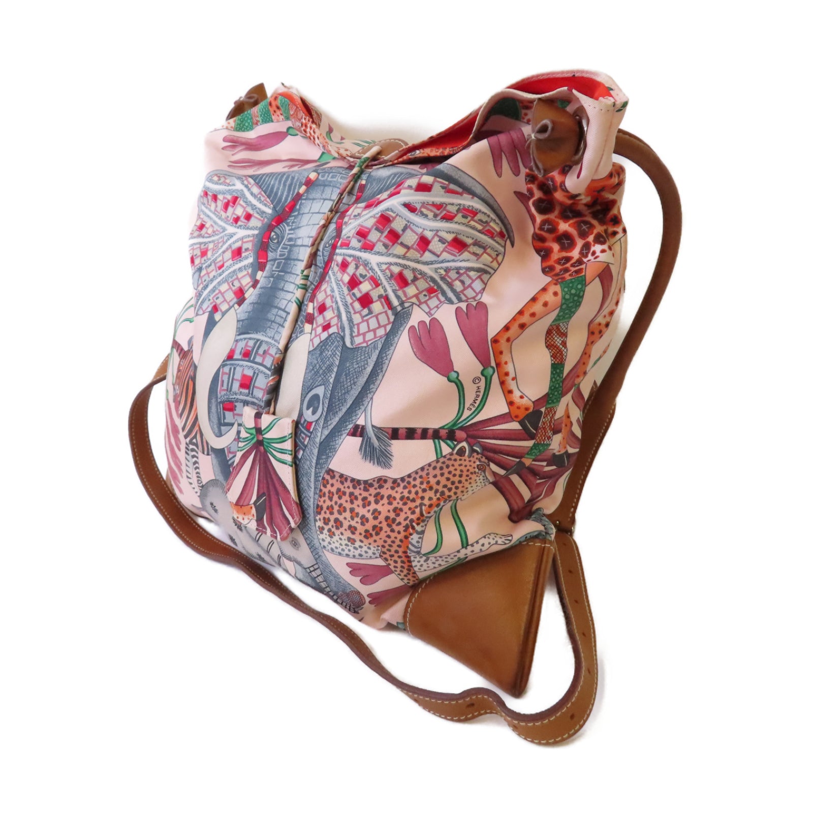 HERMES 絲質Silk City Bag銀扣肩背袋粉紅色