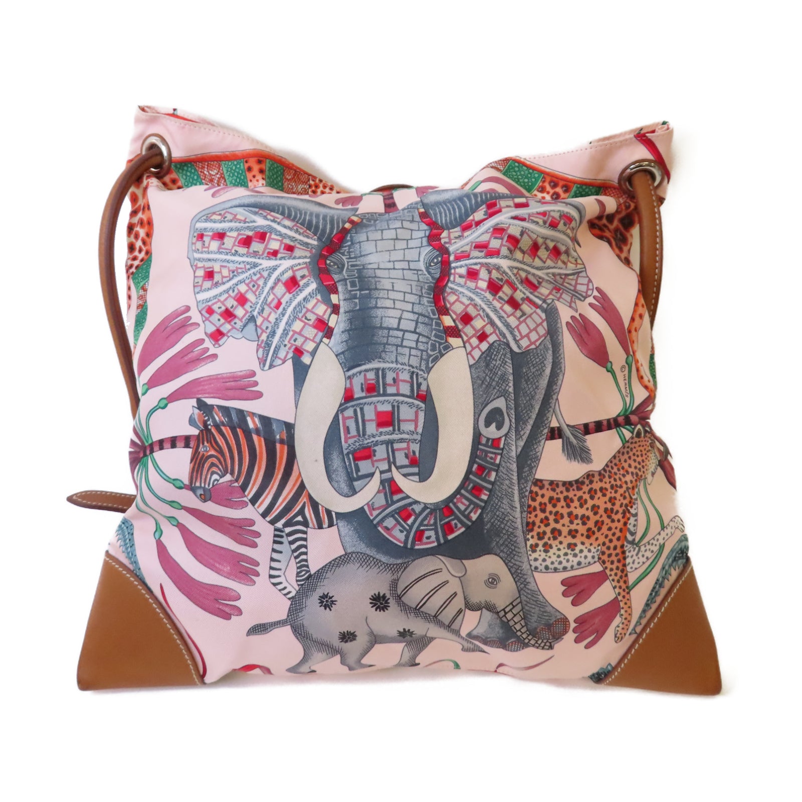 HERMES 絲質Silk City Bag銀扣肩背袋粉紅色
