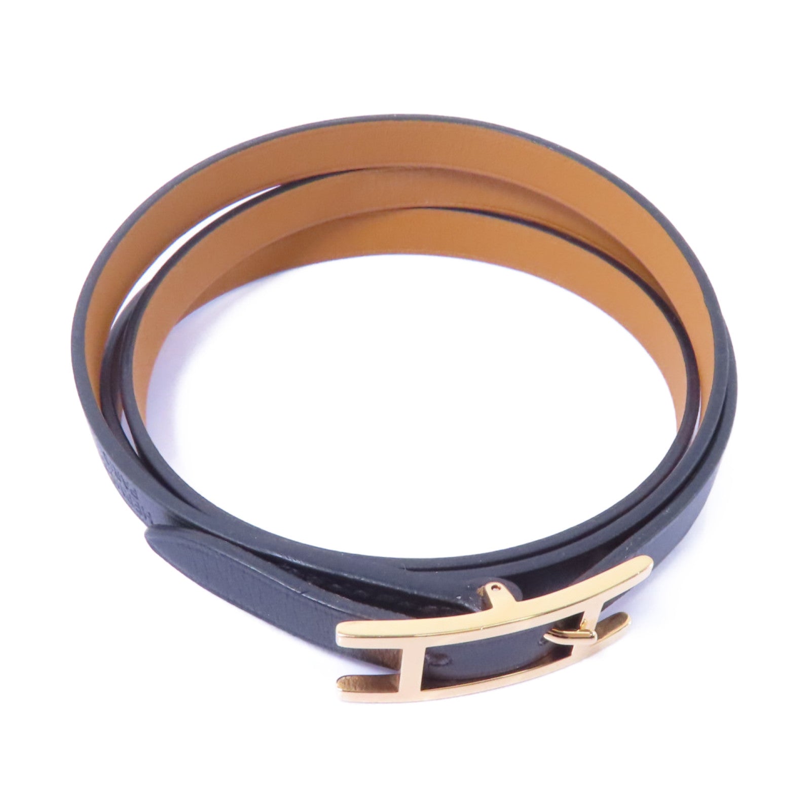 HERMES Swift皮革Behapi Double Tour Bracelet金扣手鏈黑色/啡色