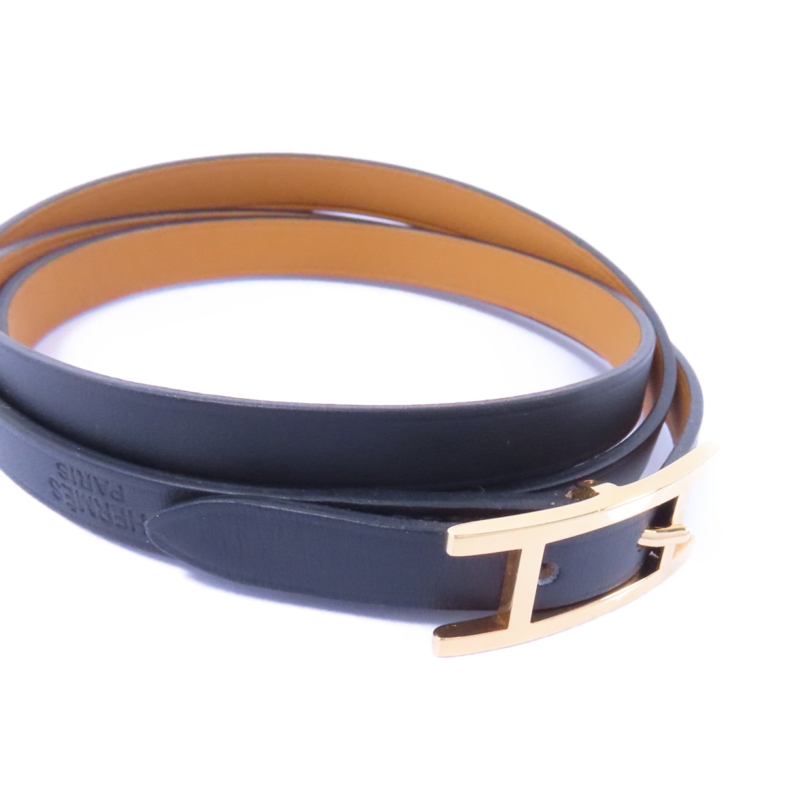 HERMES Swift皮革Behapi Double Tour Bracelet金扣手鏈黑色/啡色
