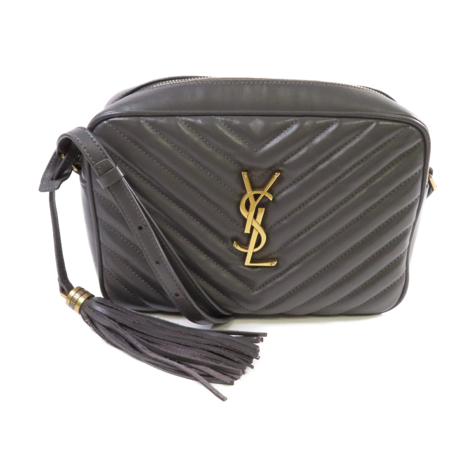 SAINT LAURENT 斜紋牛皮皮革Lou Camera Shoulder Bag金扣肩背袋灰色