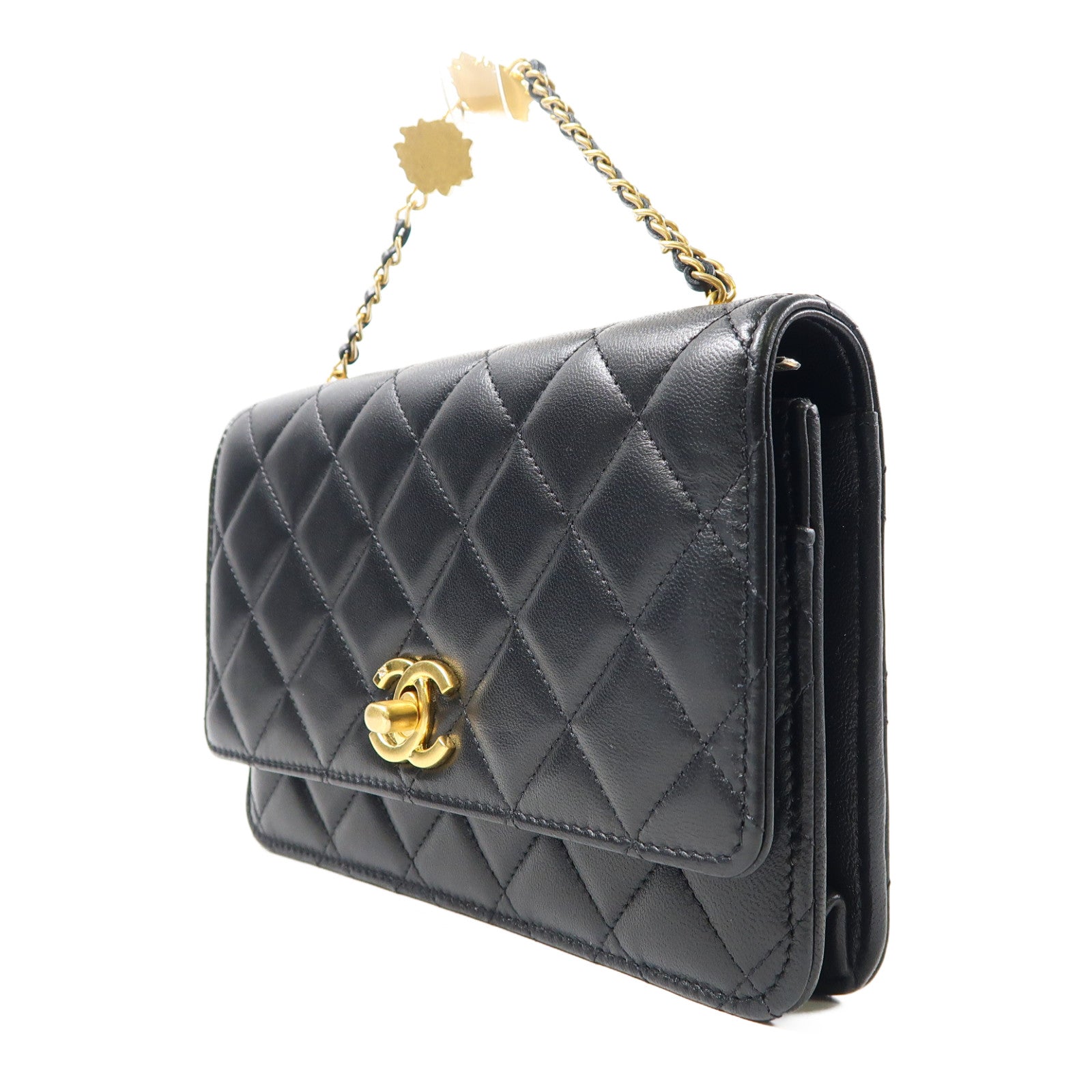 CHANEL 菱格羊皮皮革Wallet On Chain金扣鏈帶手挽肩背兩用袋黑色
