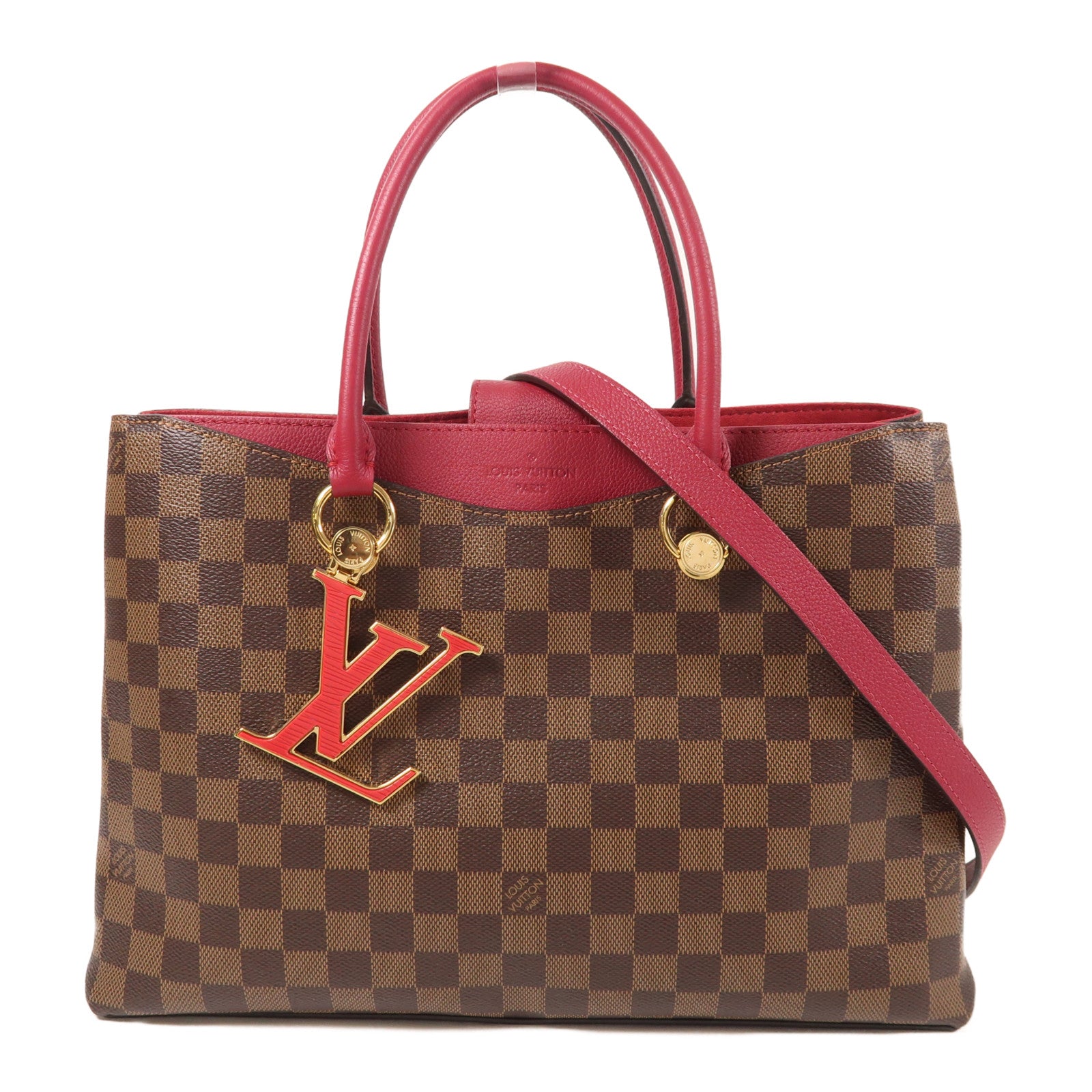 LOUIS VUITTON Damier Riverside金扣手挽肩背兩用袋棕色/紅色