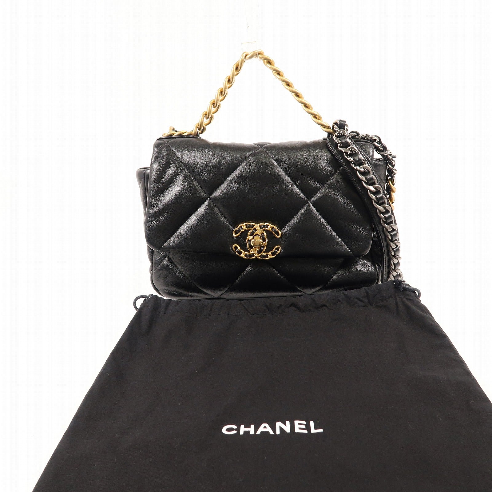 CHANEL 羊皮皮革Chanel 19 Small金扣鏈帶手挽肩背兩用袋
