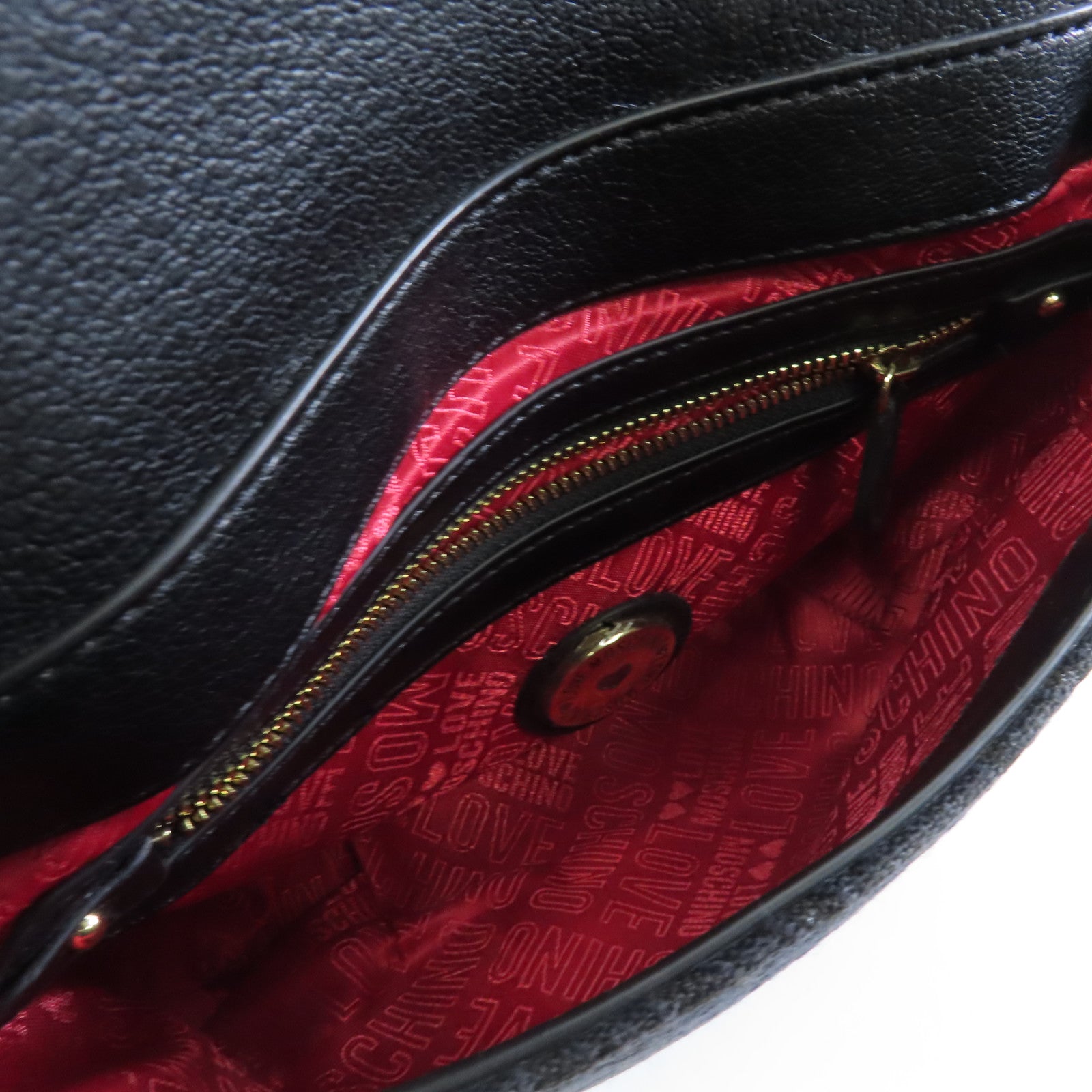 MOSCHINO 帆布/牛皮皮革Shoulder Bag金扣肩背袋黑色