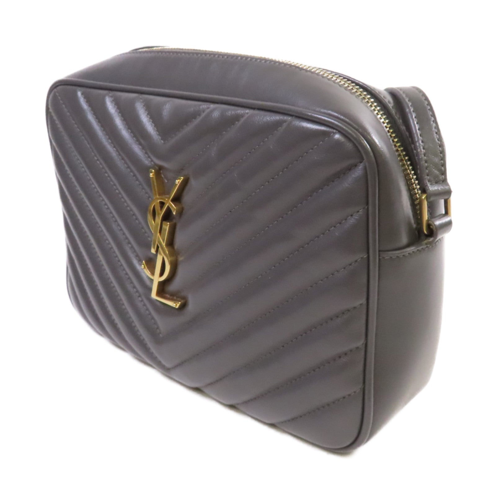 SAINT LAURENT 斜紋牛皮皮革Lou Camera Shoulder Bag金扣肩背袋灰色