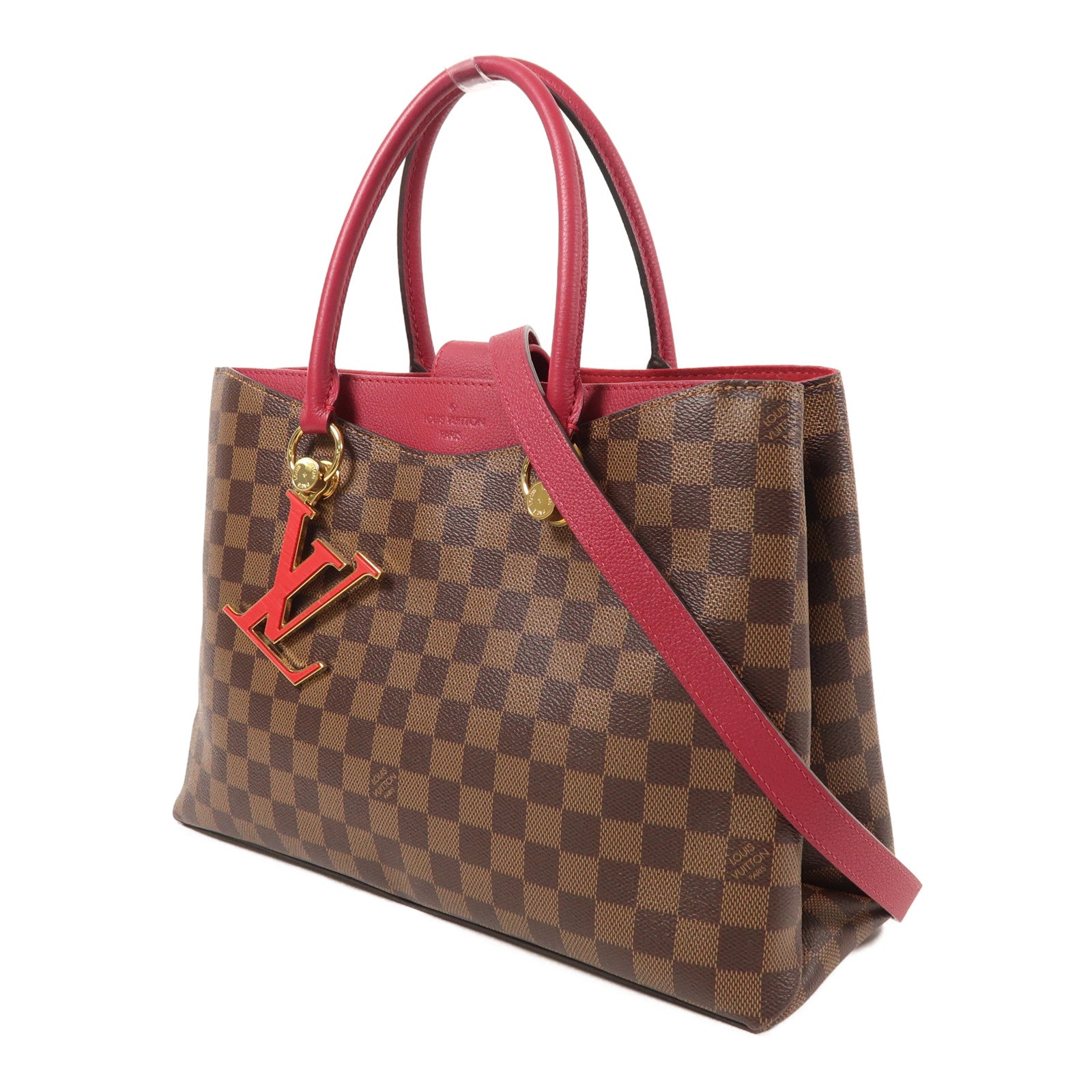 LOUIS VUITTON Damier Riverside金扣手挽肩背兩用袋棕色/紅色