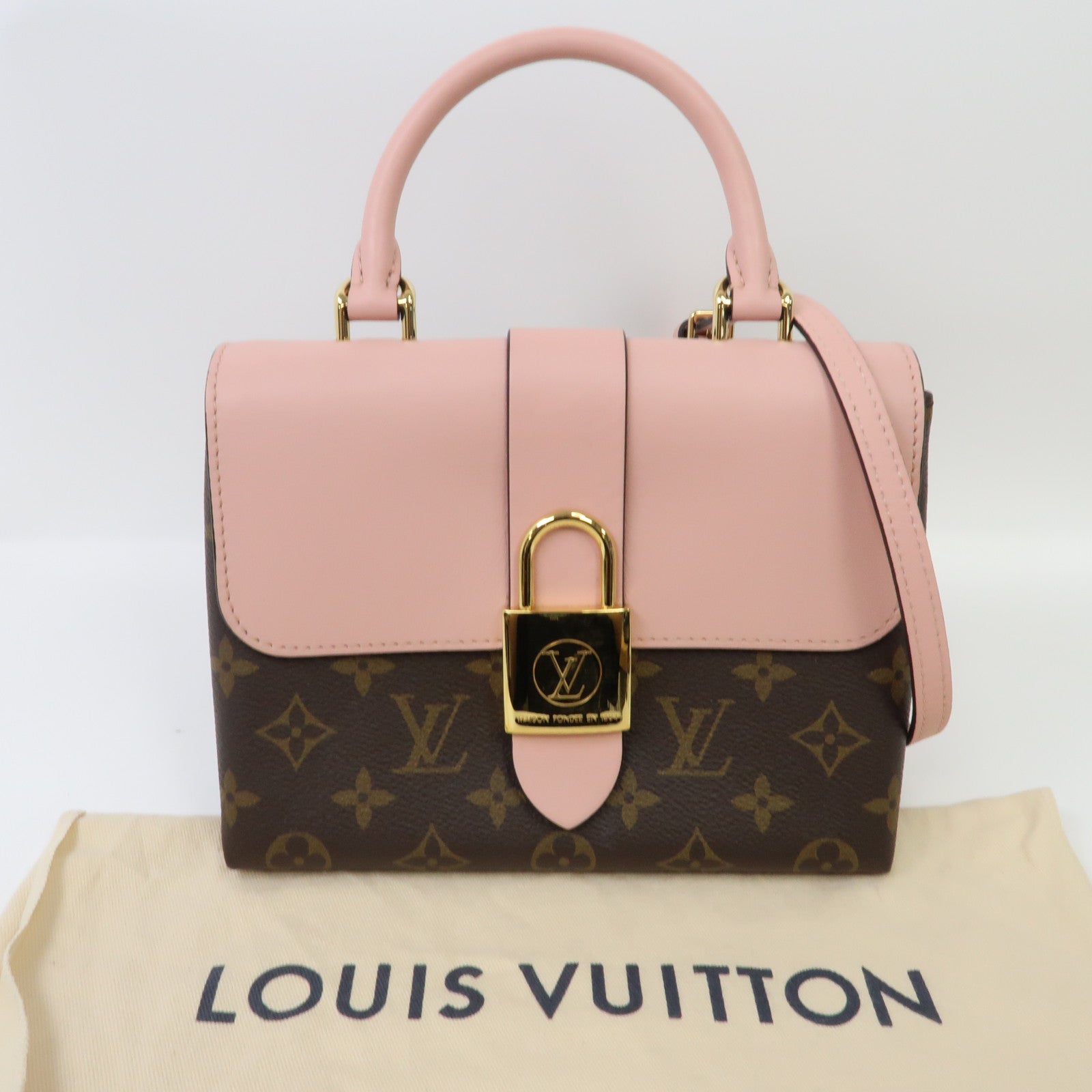LOUIS VUITTON Monogram/牛皮皮革Locky BB金扣手挽肩背兩用袋玫瑰粉紅色/啡色