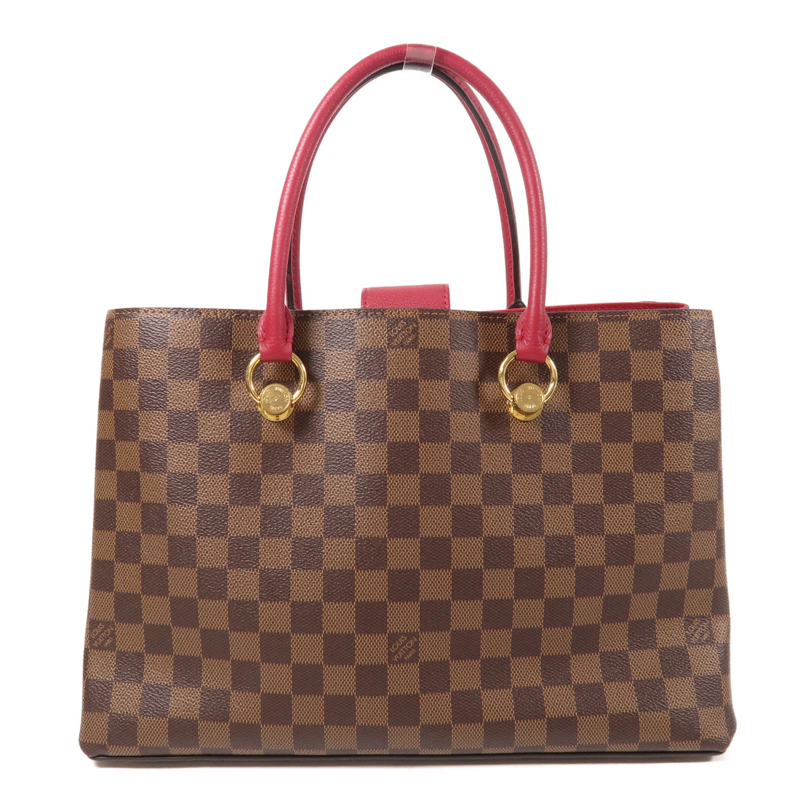 LOUIS VUITTON Damier Riverside金扣手挽肩背兩用袋棕色/紅色