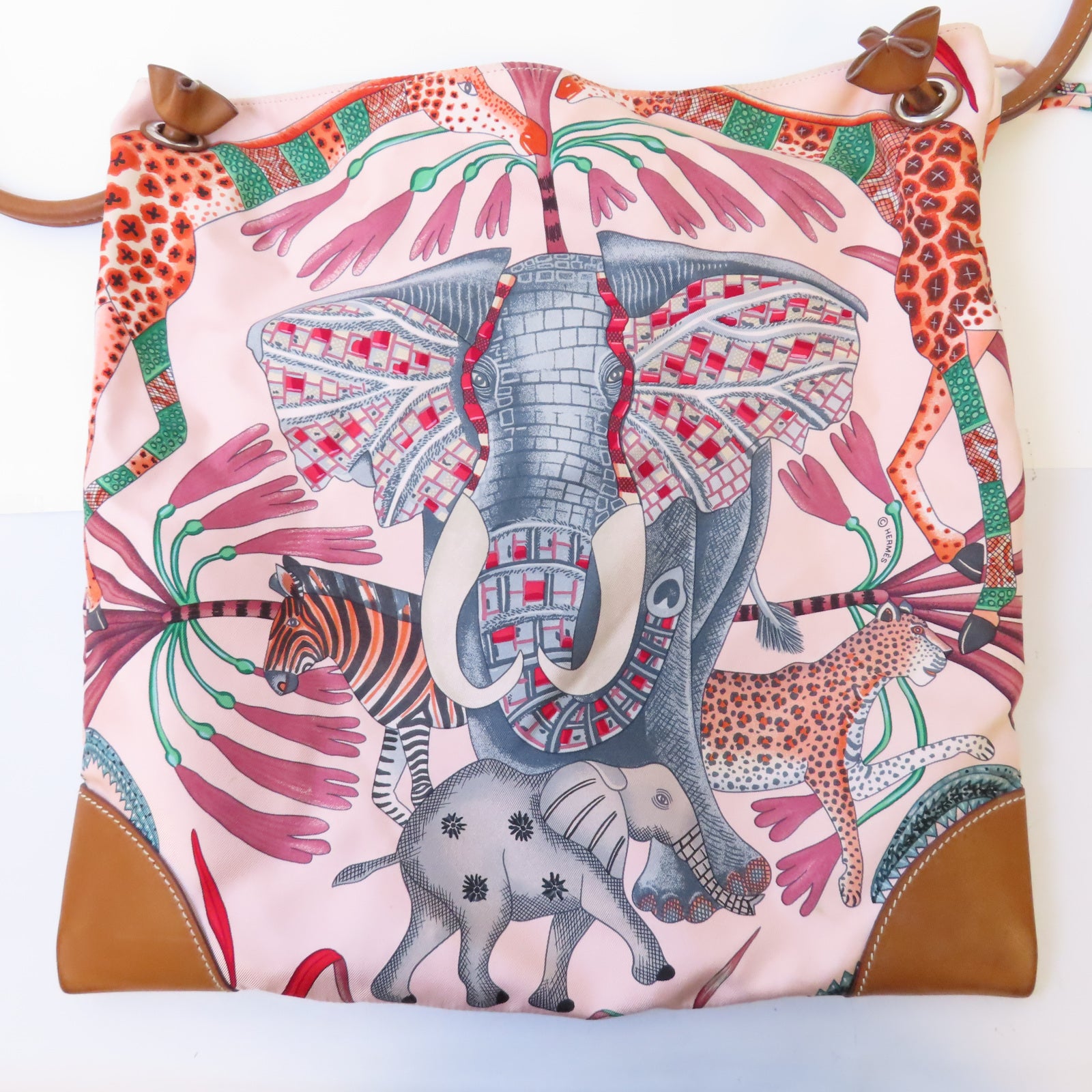 HERMES 絲質Silk City Bag銀扣肩背袋粉紅色