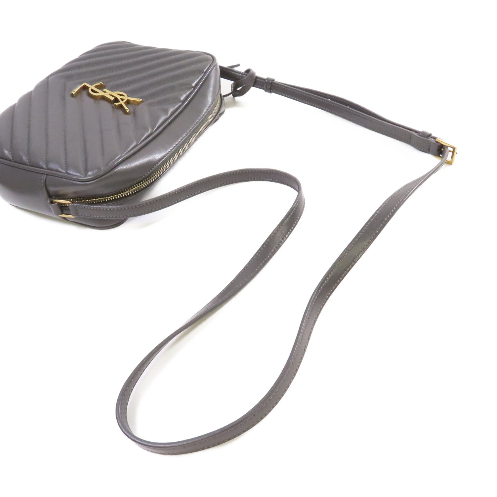 SAINT LAURENT 斜紋牛皮皮革Lou Camera Shoulder Bag金扣肩背袋灰色