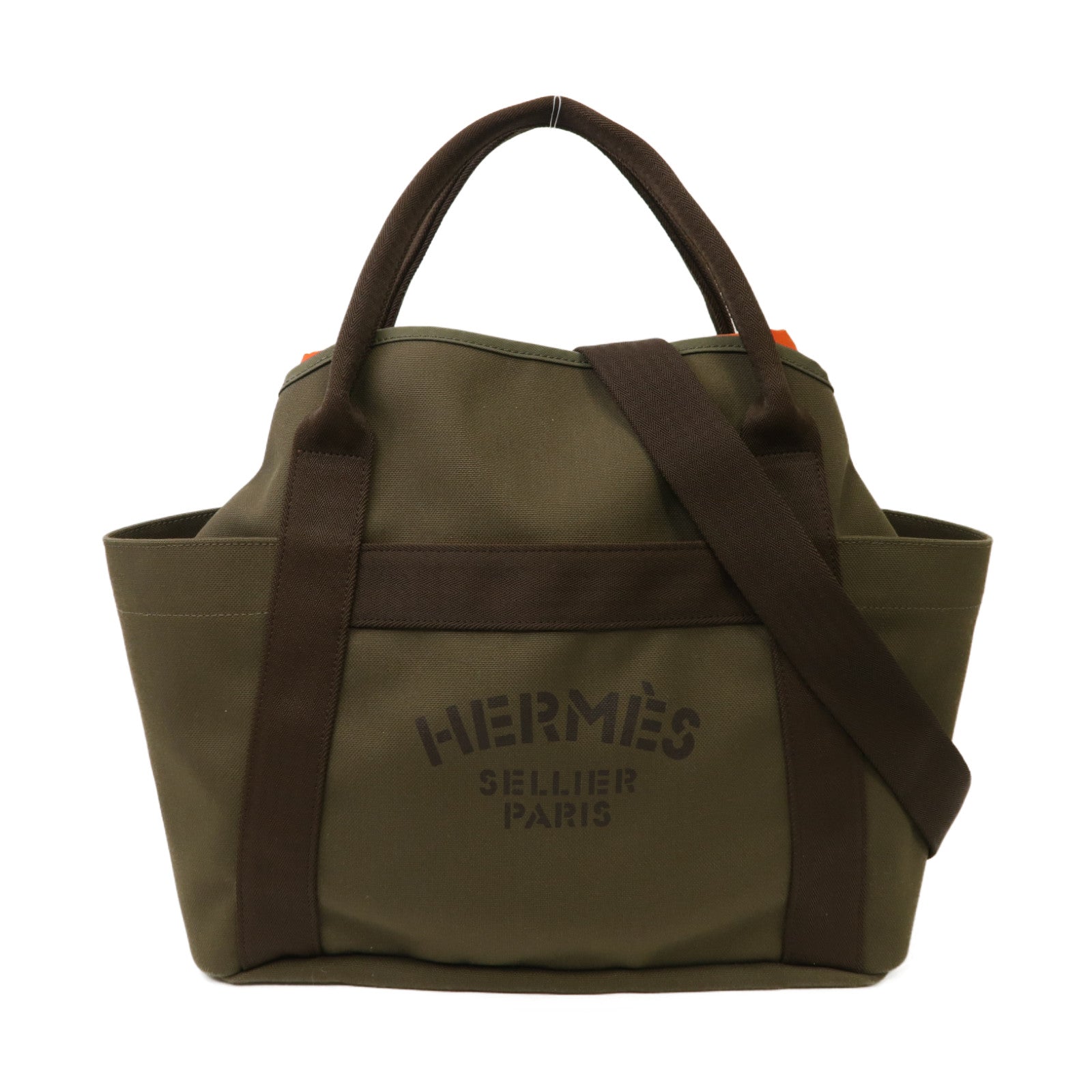 HERMES 帆布Sac De Pansage銀扣手挽肩背兩用袋卡其色
