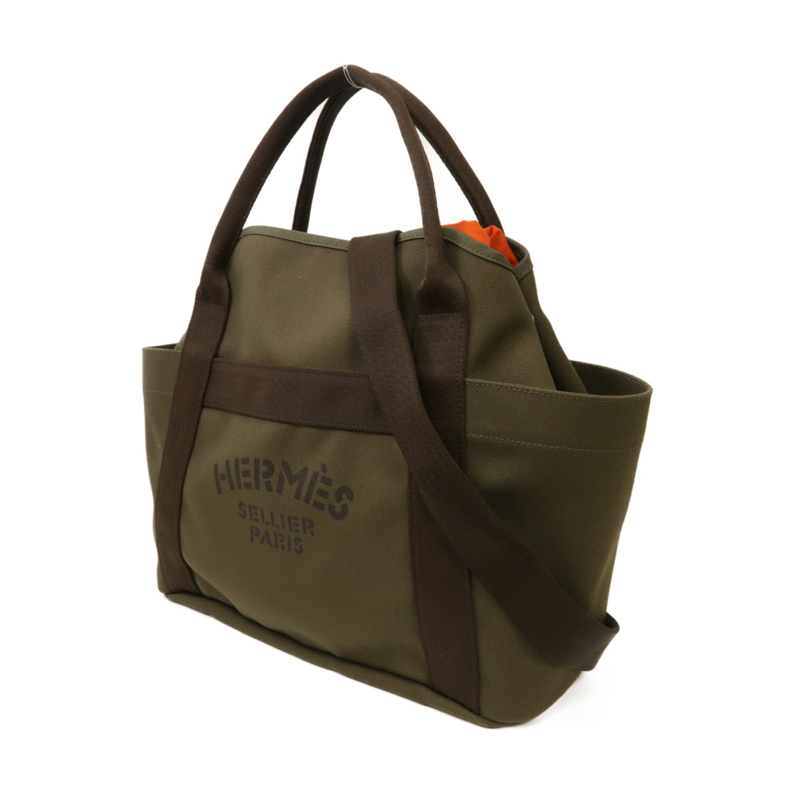 HERMES 帆布Sac De Pansage銀扣手挽肩背兩用袋卡其色