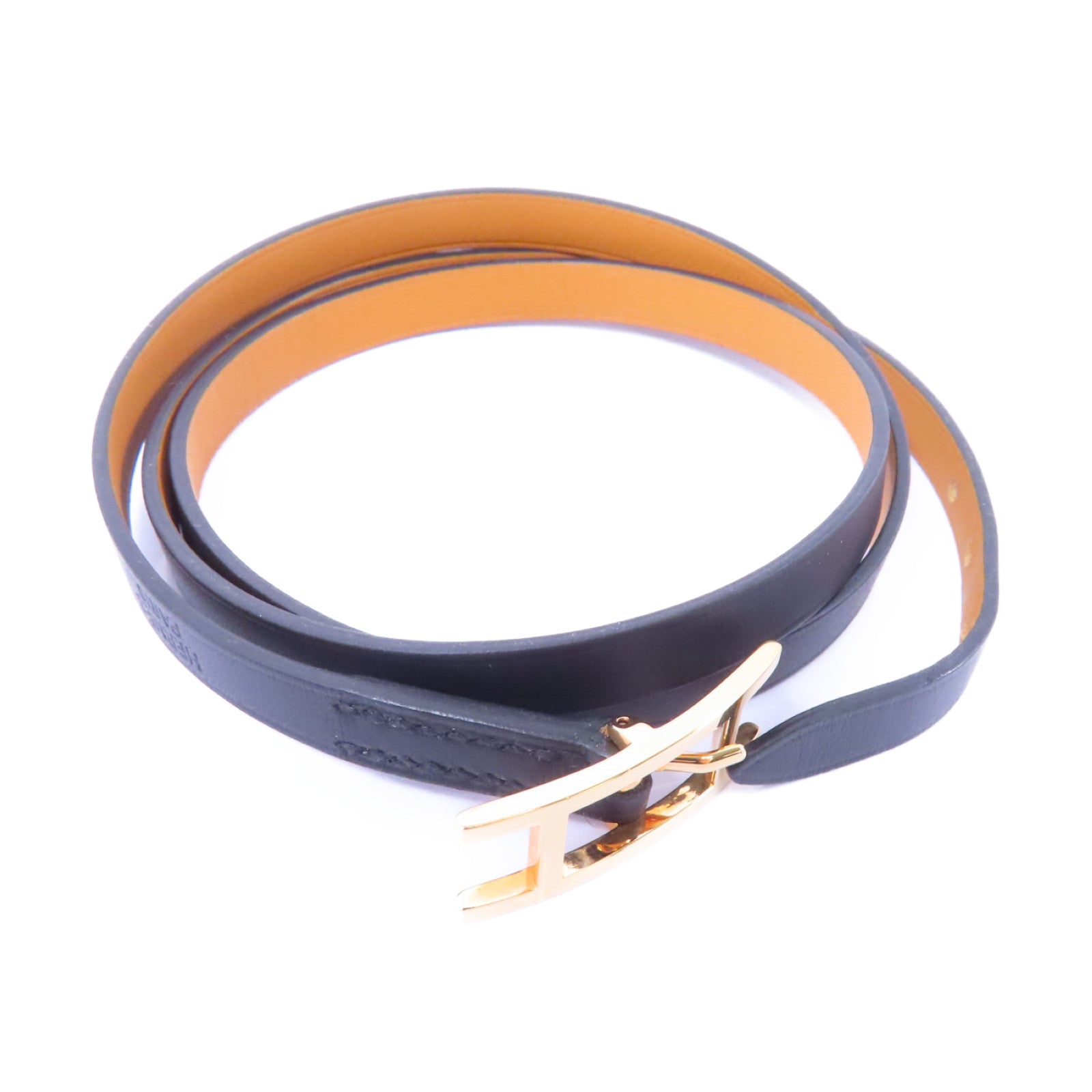 HERMES Swift皮革Behapi Double Tour Bracelet金扣手鏈黑色/啡色