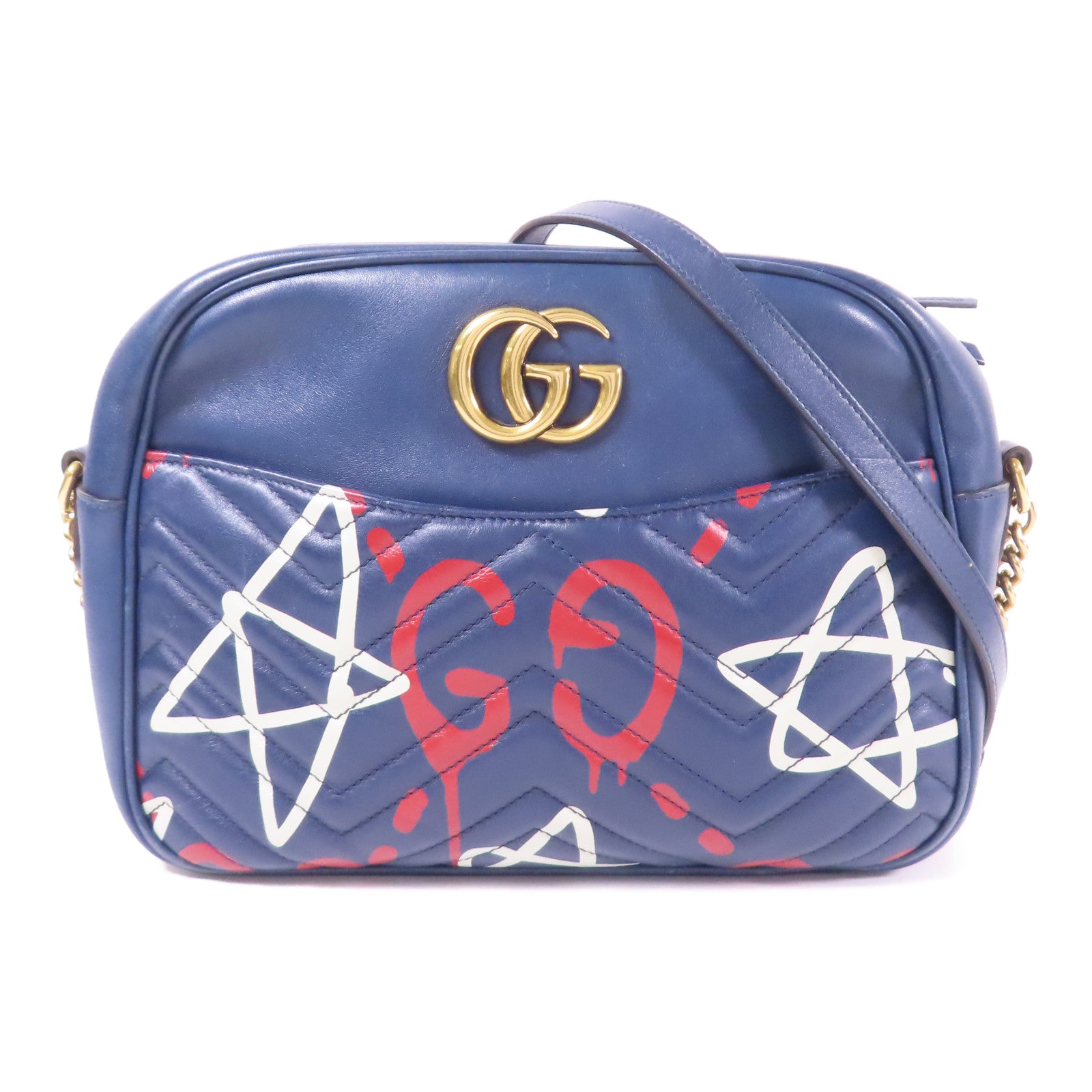 GUCCI GG GHW Chain Shoulder Bag 443499 Calfskin Leather Navy
