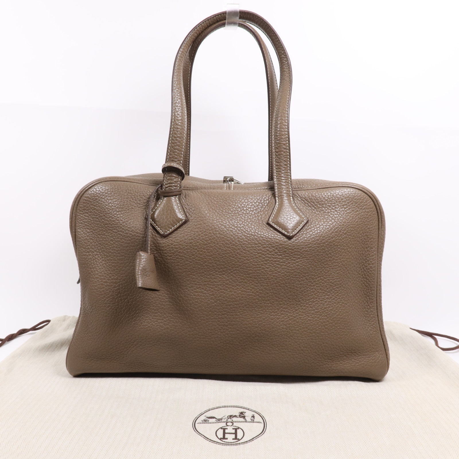 HERMES Clemence皮革Victoria 35銀扣手挽袋Etoupe