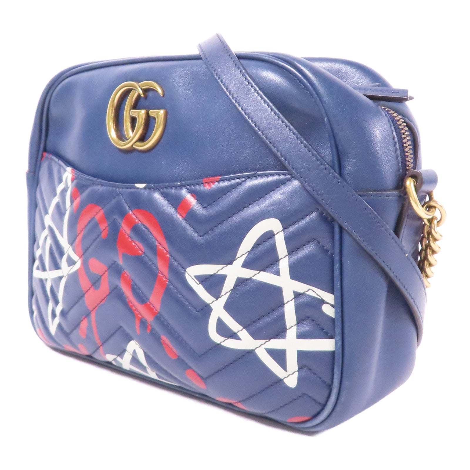 GUCCI GG GHW Chain Shoulder Bag 443499 Calfskin Leather Navy