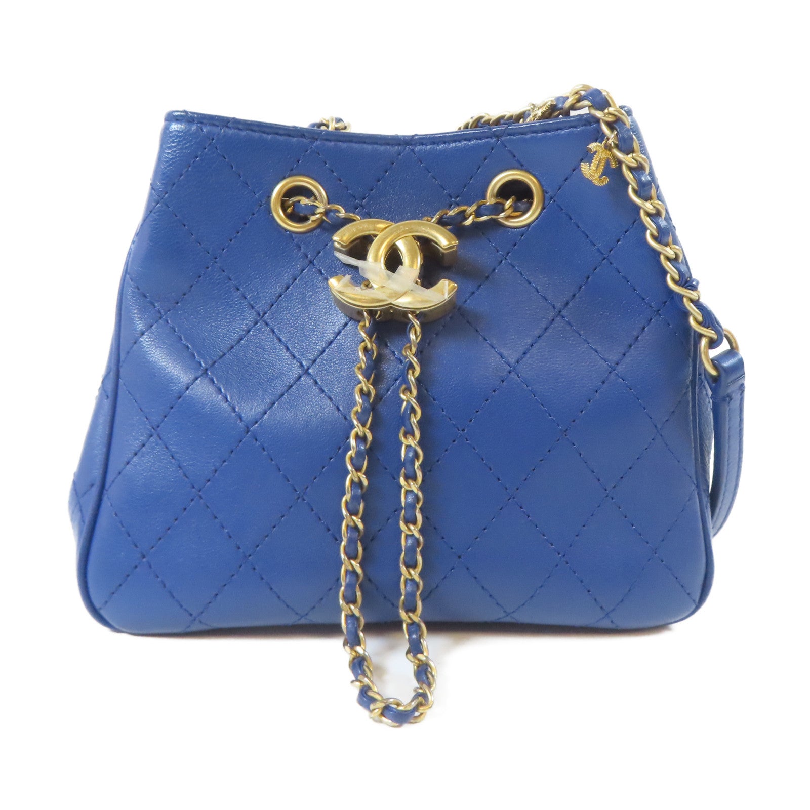 CHANEL 菱格牛皮皮革Egyptian Amulet金扣鏈帶肩背袋藍色