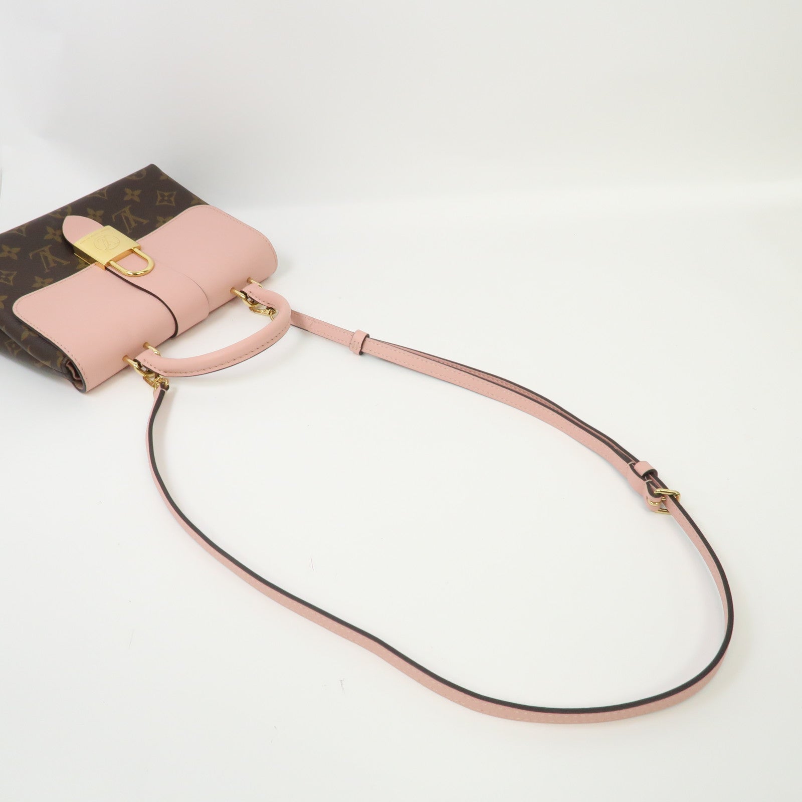 LOUIS VUITTON Monogram/牛皮皮革Locky BB金扣手挽肩背兩用袋玫瑰粉紅色/啡色