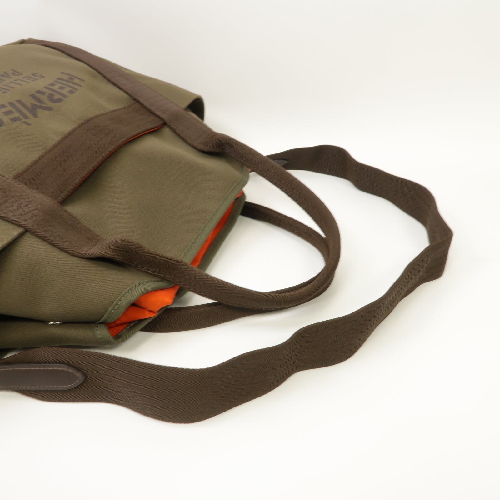 HERMES 帆布Sac De Pansage銀扣手挽肩背兩用袋卡其色