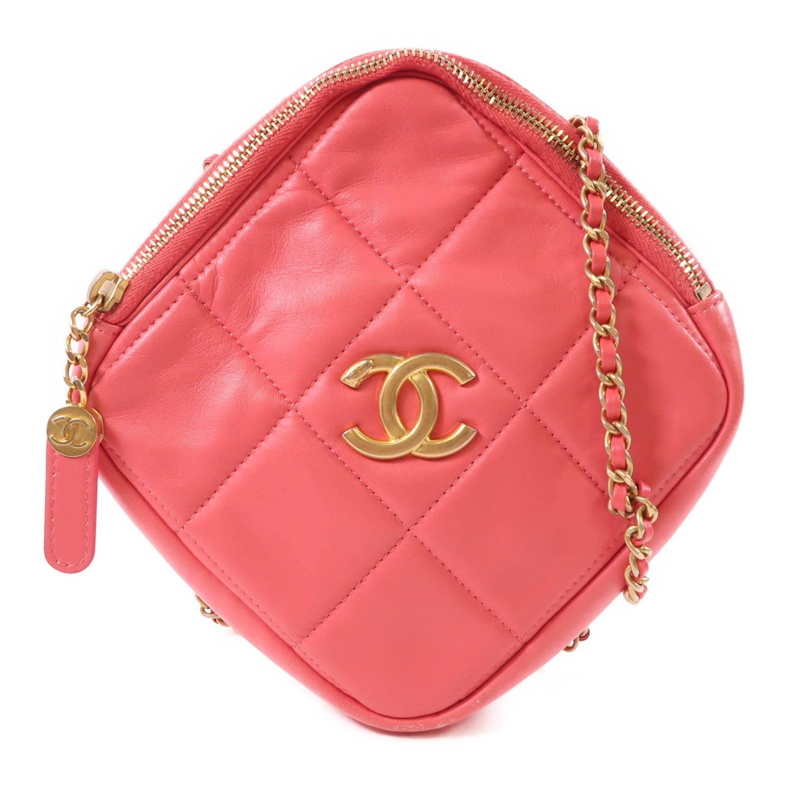 CHANEL 羊皮皮革Chain Shoulder金扣鏈帶肩背袋粉紅色