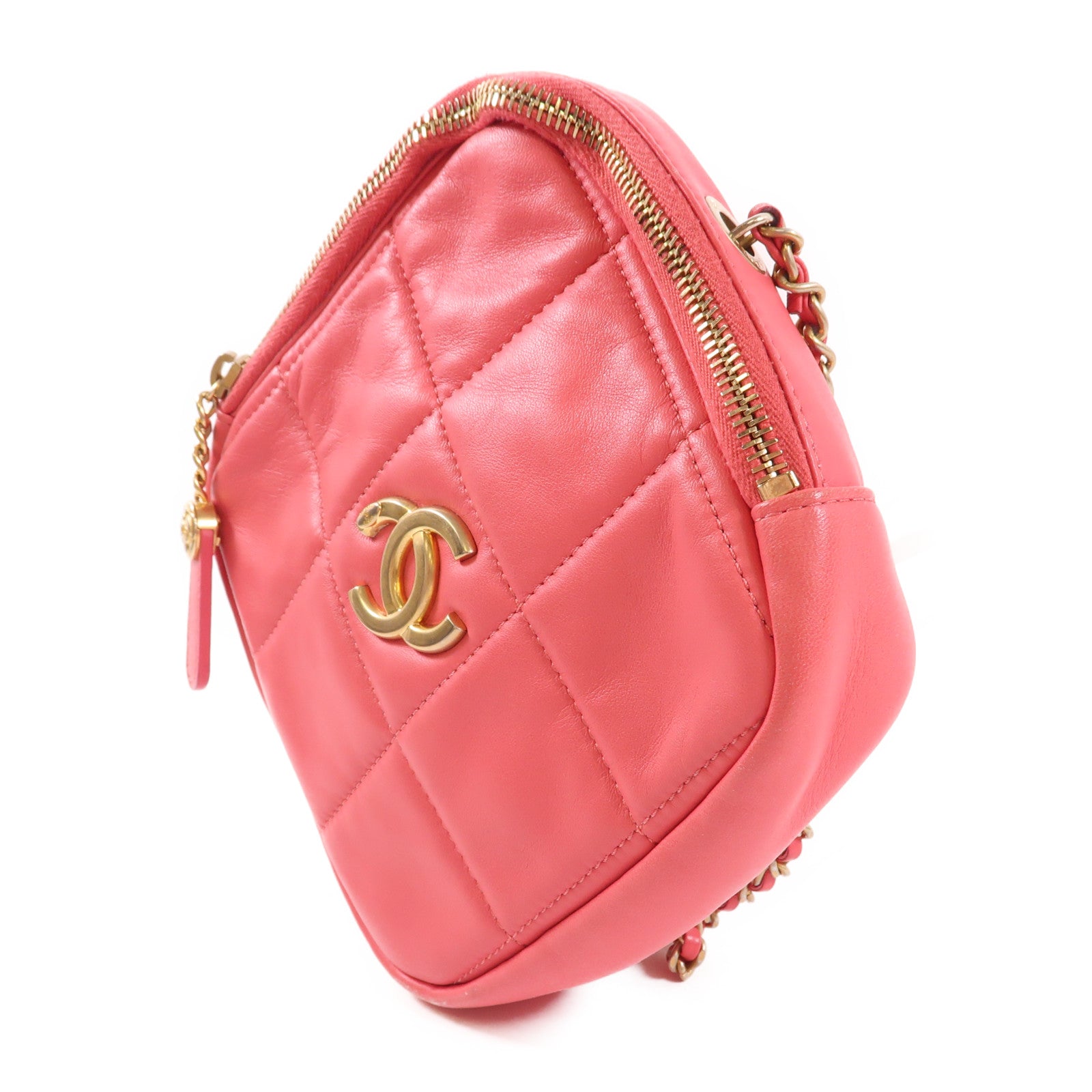 CHANEL 羊皮皮革Chain Shoulder金扣鏈帶肩背袋粉紅色