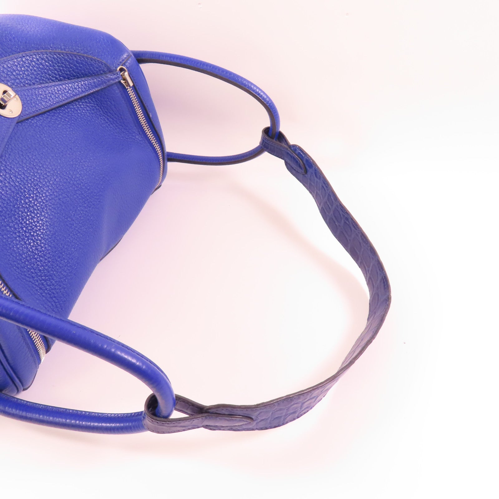 HERMES 【激減優惠】Clemence皮革/鱷魚皮革Lindy 30 Touch銀扣手挽肩背兩用袋7T Bleu Electrique