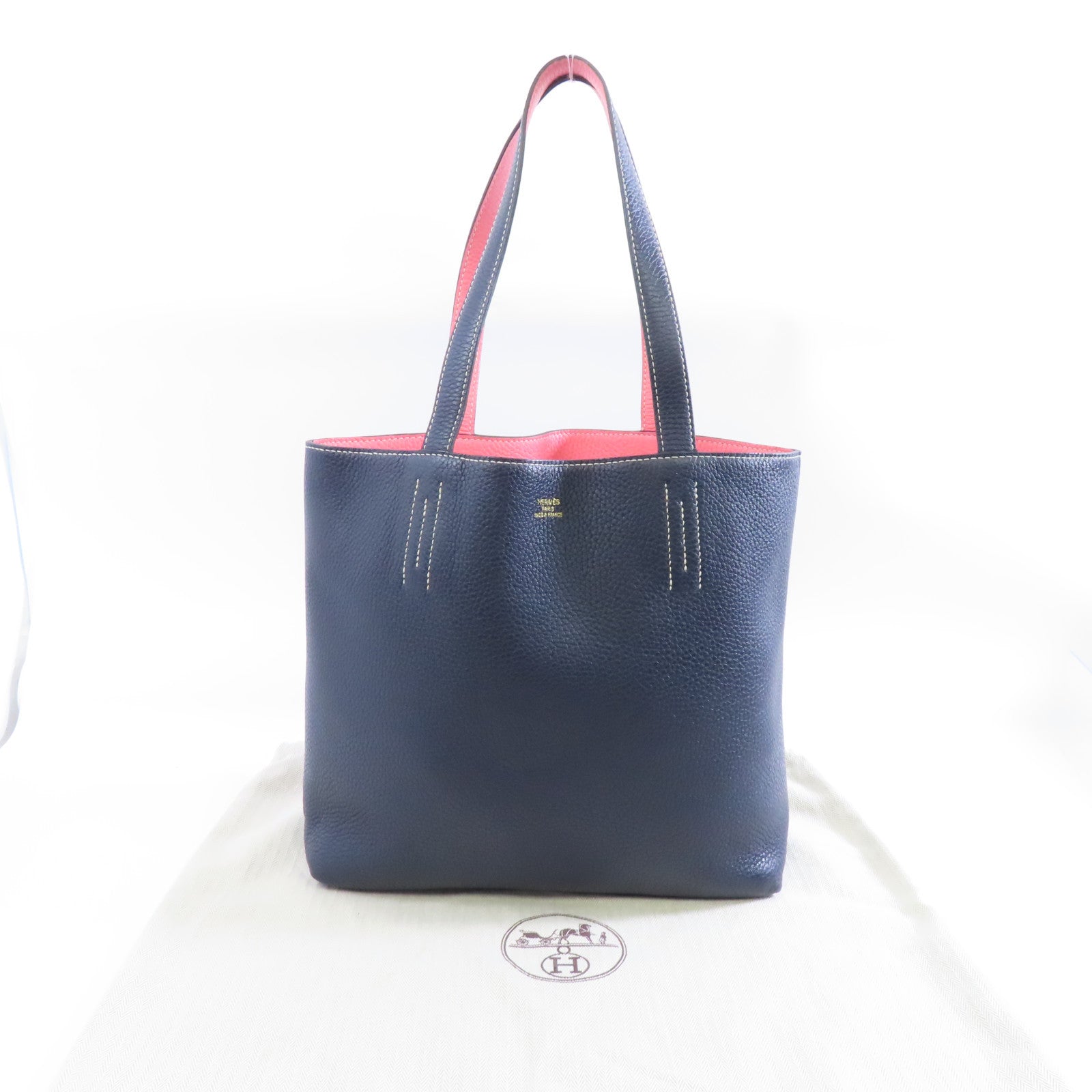 HERMES Clemence皮革Double Sans手挽袋Blue Nyui/Rose Azalee深藍色/粉紅色