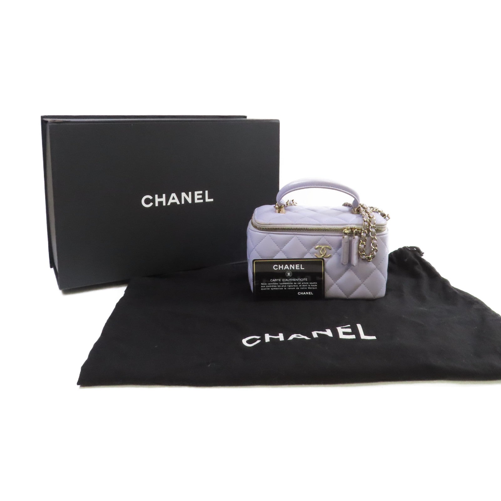 CHANEL 菱格羊皮皮革Vanity Case Shoulder Bag金扣鏈帶手挽肩背兩用袋紫色