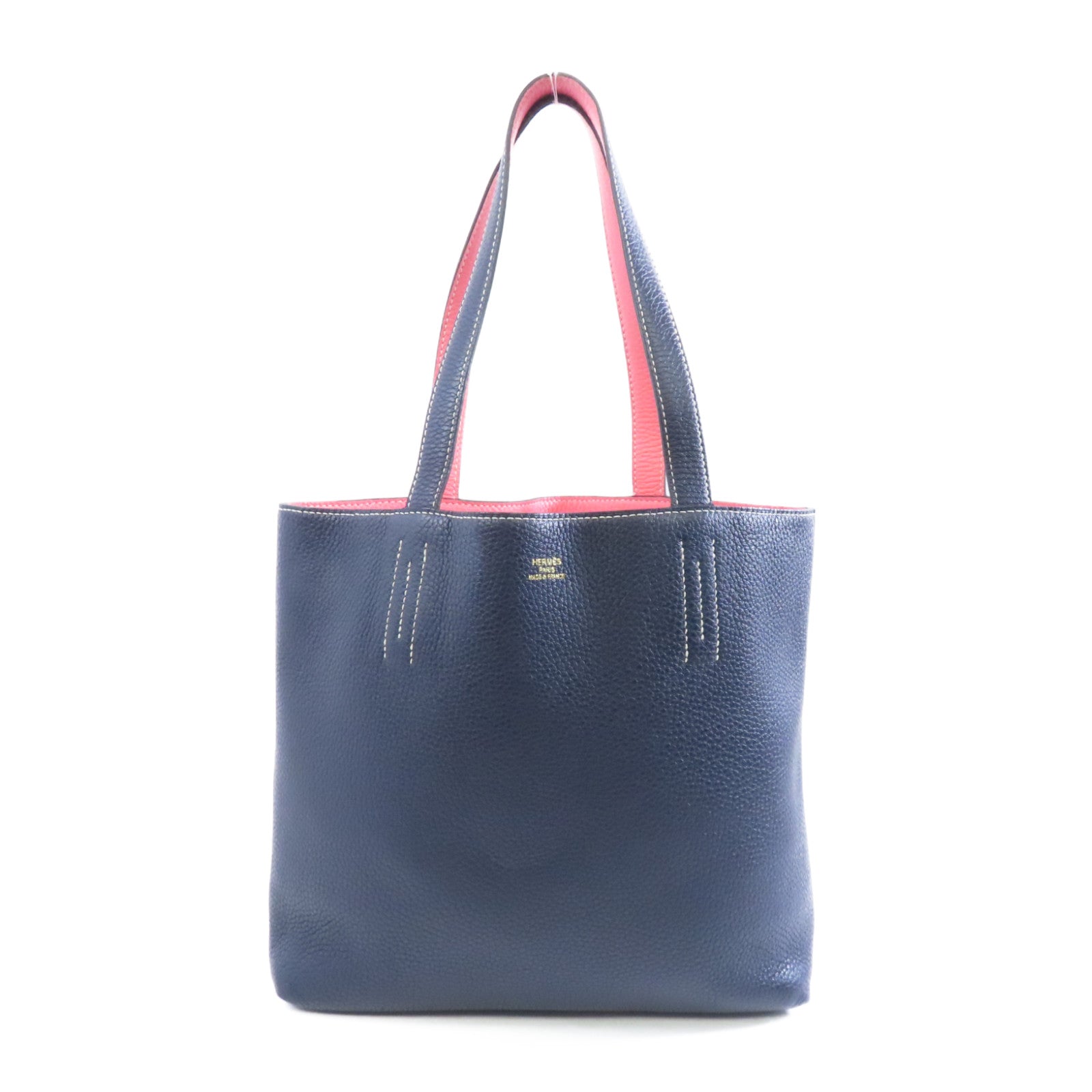 HERMES Clemence皮革Double Sans手挽袋Blue Nyui/Rose Azalee深藍色/粉紅色