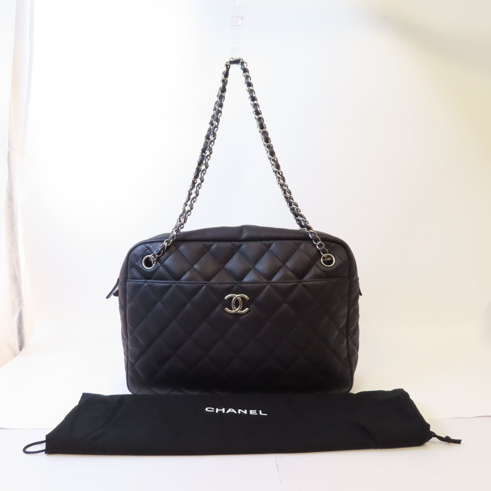 CHANEL 菱格牛皮皮革Shoulder Bag銀扣肩背袋深藍色