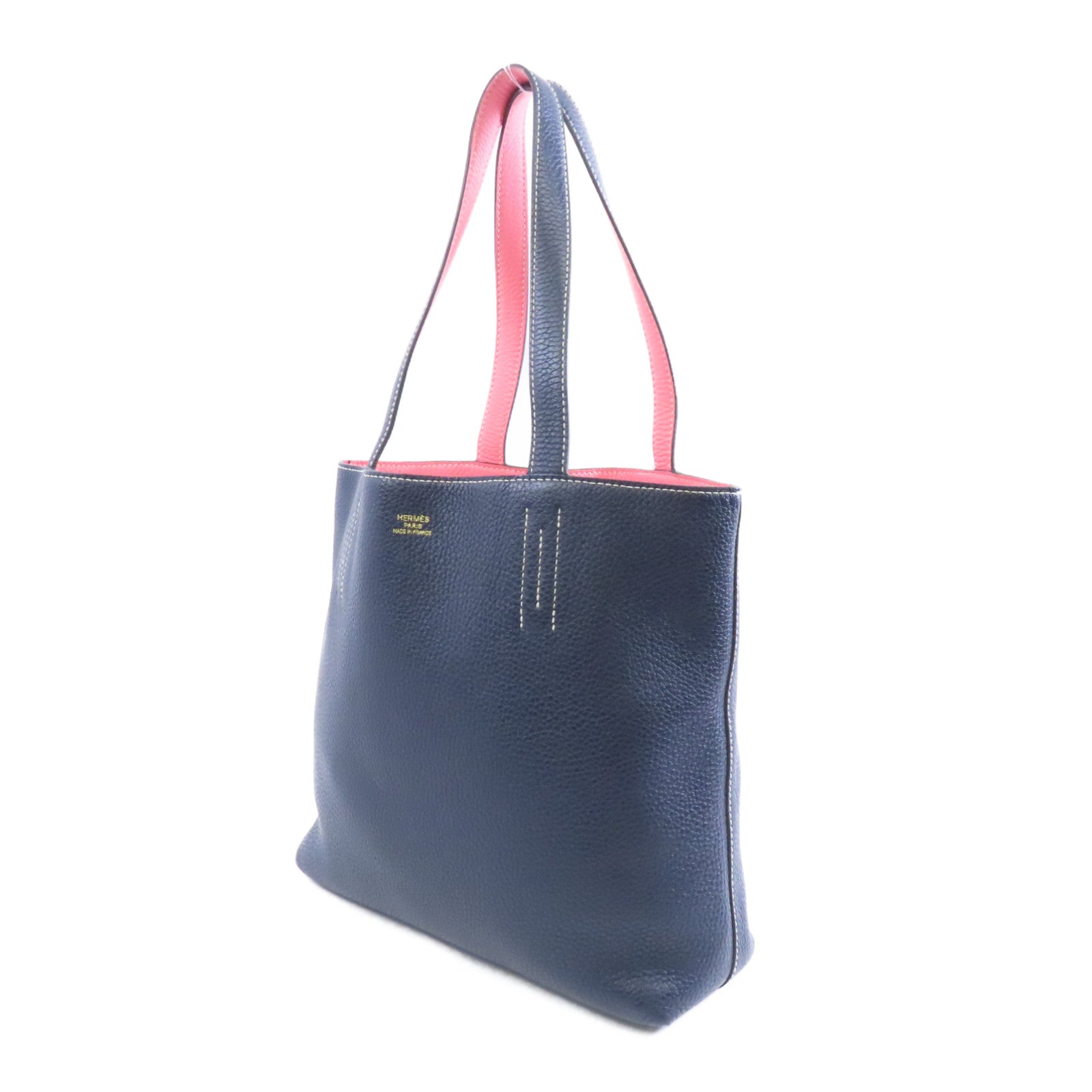HERMES Clemence皮革Double Sans手挽袋Blue Nyui/Rose Azalee深藍色/粉紅色