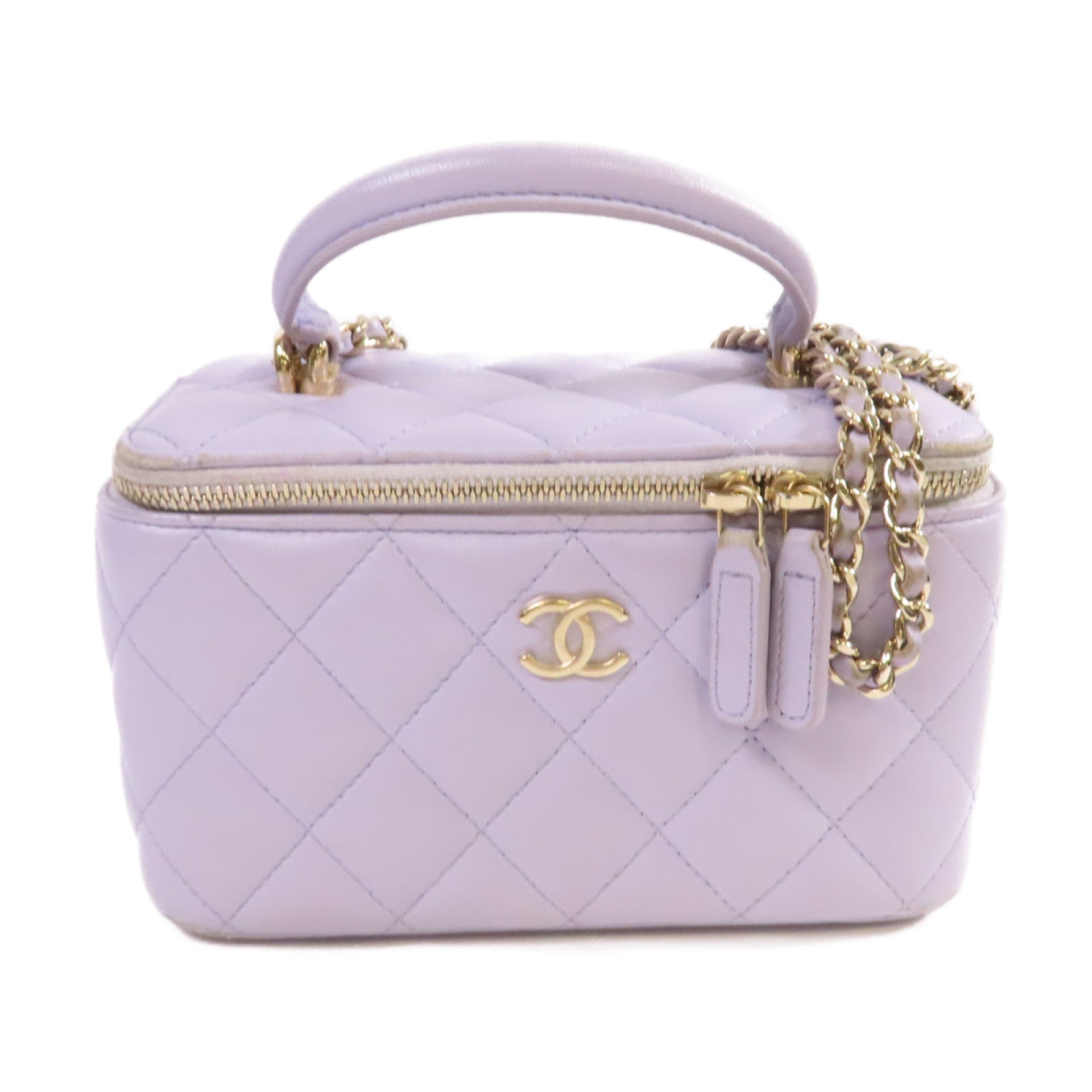 CHANEL 菱格羊皮皮革Vanity Case Shoulder Bag金扣鏈帶手挽肩背兩用袋紫色